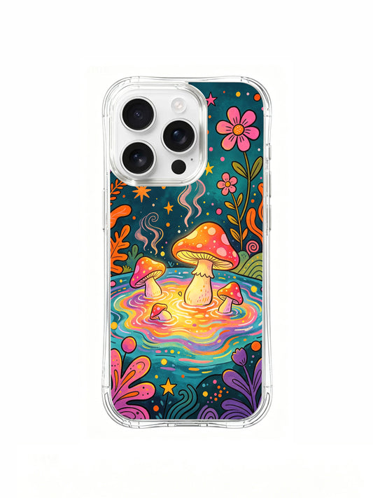 PhoneCasing iPhone 16 pro max Case, limited Luna Moss artist collab clear art case featuring glowing spotted amanita mushrooms soaking in iridescent rainbow hot spring, swirling pastel mist & scattered star dots on dark teal enchanted woodland night, vintage 70s psychedelic folk artwork made in California.