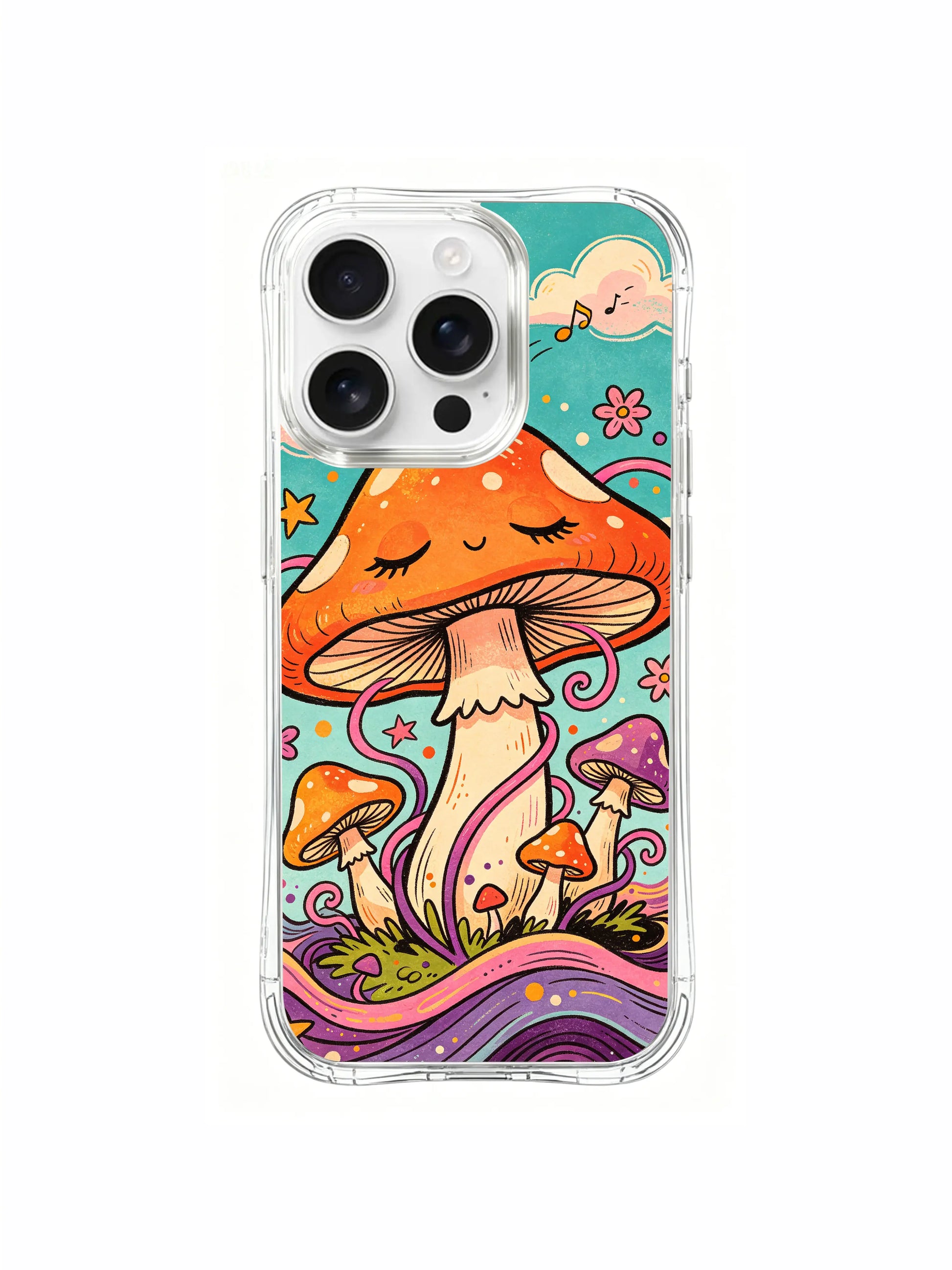 PhoneCasing iPhone 16 pro max Case, fantasy folk art casing with blank central dream field enclosed by big & small sleeping orange mushroom families, premium scratch-proof long-wearing wearable art casing