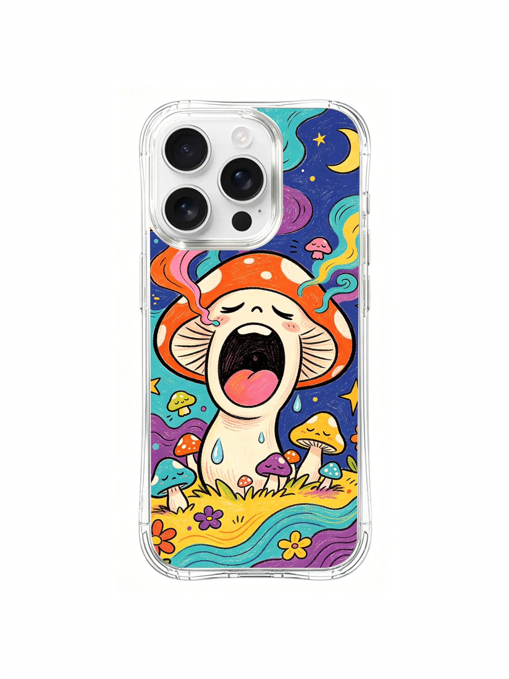 PhoneCasing iPhone 16 pro max Case, fantasy folk art casing with open central meadow space encircled by seamless ring of sleepy spotted mushroom clusters under starry midnight sky, premium scratch-proof long-wearing wearable art casing.