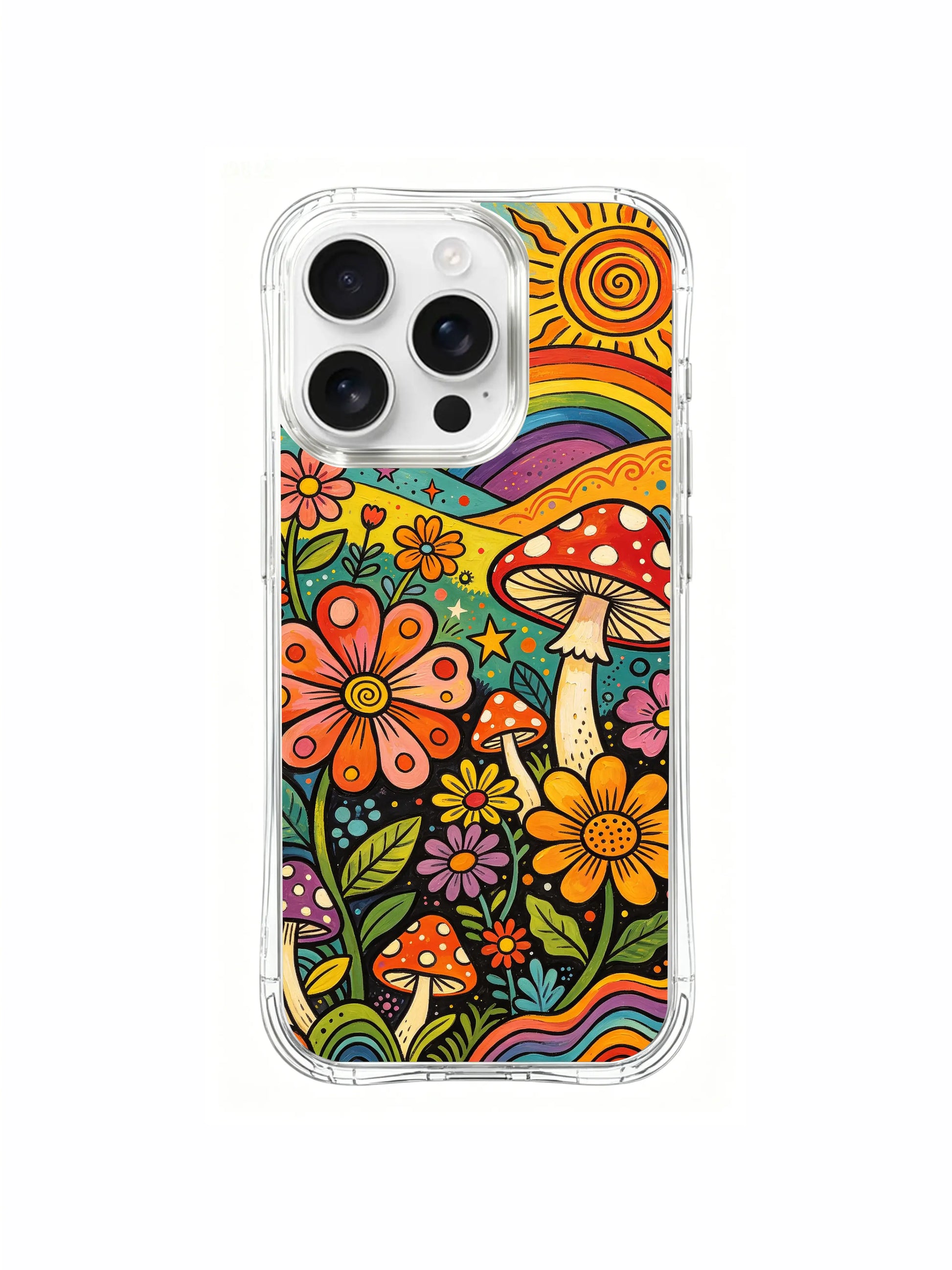 PhoneCasing iPhone 16 pro max Case, fantasy folk art casing with open central meadow space encircled by seamless ring of fused flower petals and spotted mushroom clusters across sunlit valley, premium scratch-proof long-wearing wearable art casing