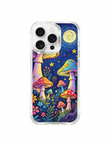 PhoneCasing iPhone 16 pro max Case, fantasy folk art casing with blank central starry night space enclosed by big & small luminous rainbow mushroom families, premium scratch-proof long-wearing wearable art casing