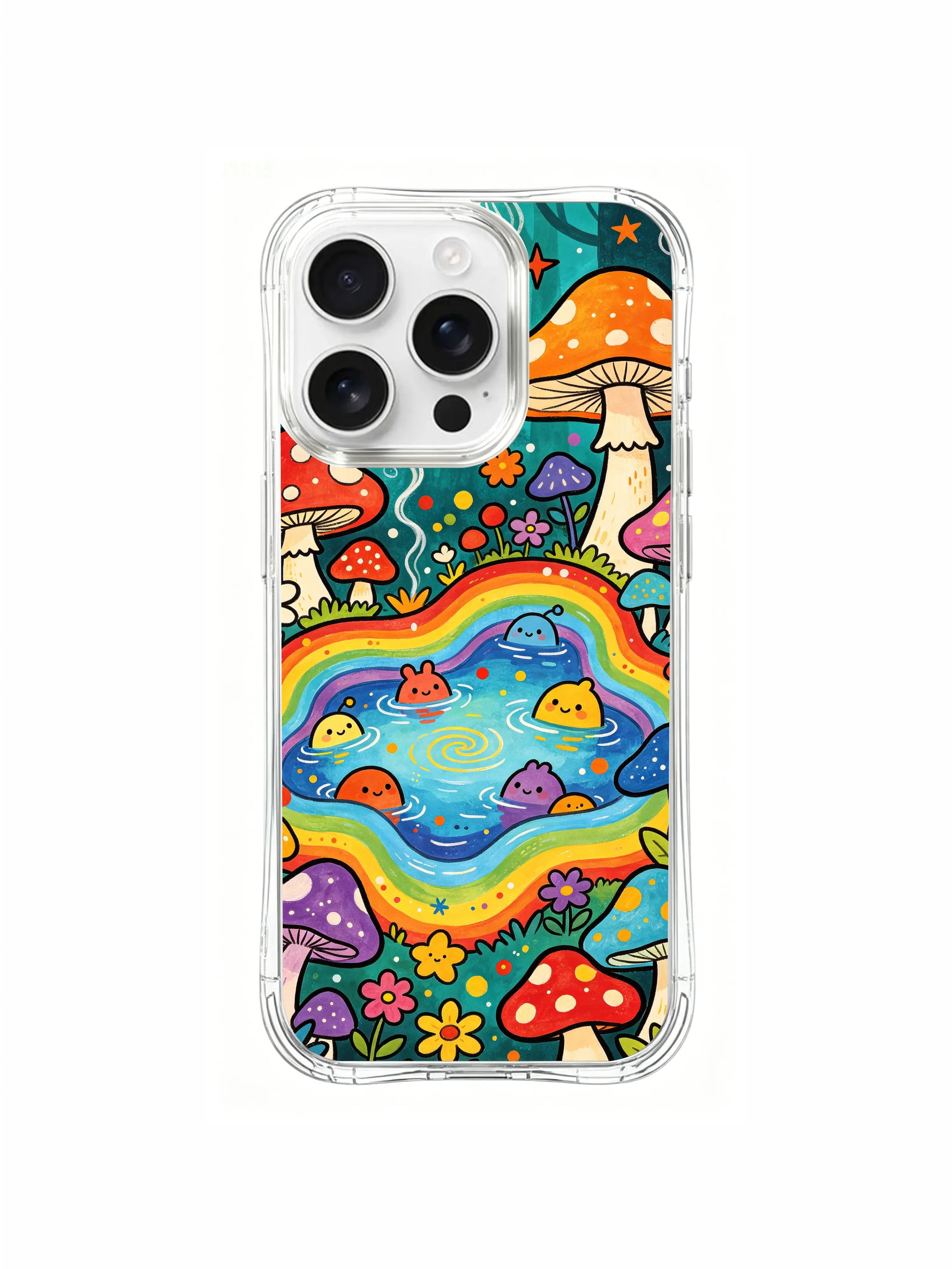 PhoneCasing iPhone 16 pro max Case, fantasy folk art casing with blank central pond water space enclosed by big & small vivid spotted mushroom families, premium scratch-proof long-wearing wearable art casing
