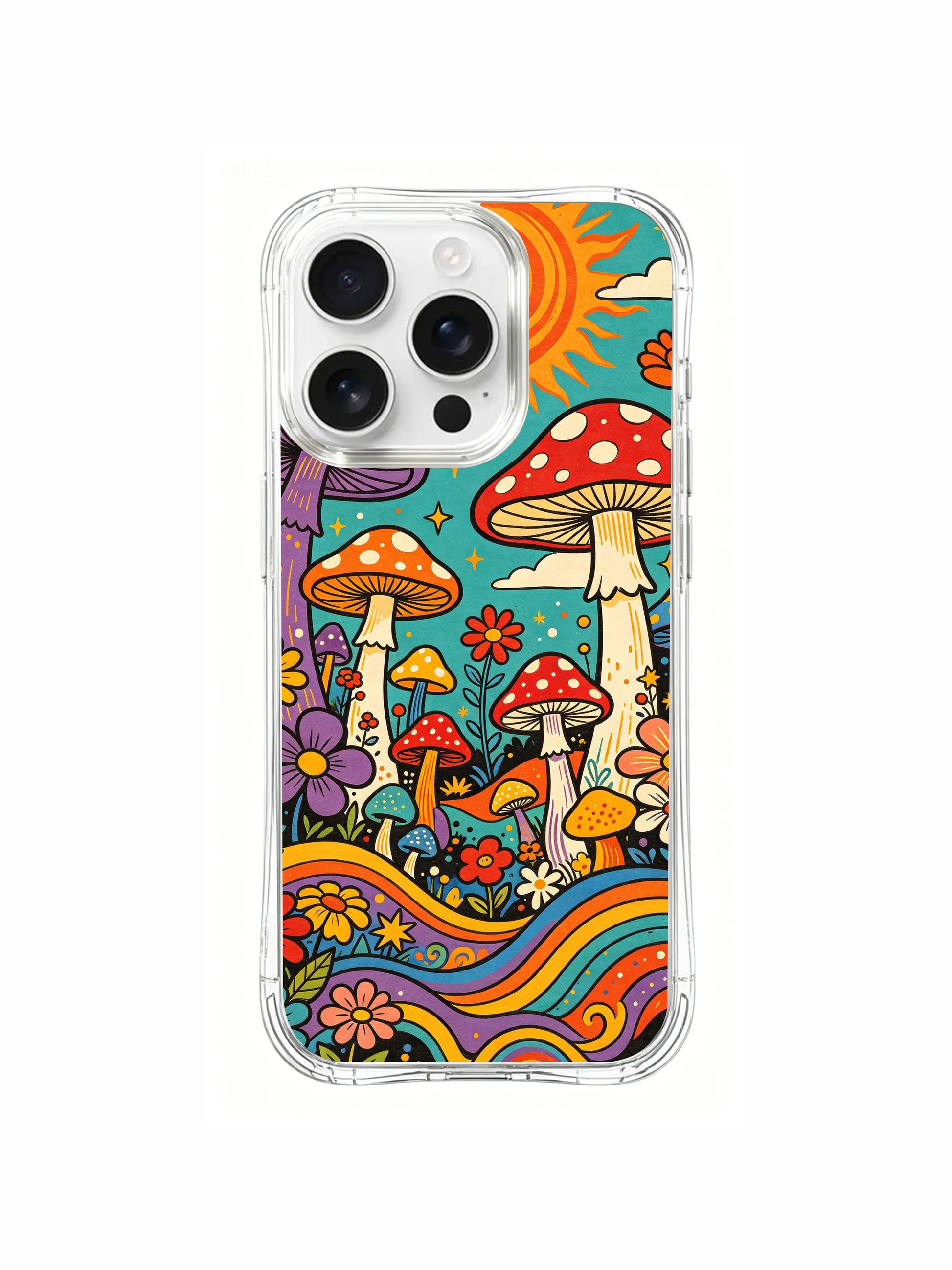PhoneCasing iPhone 16 pro max Case, premium protective fine art casing centered on a huge red spotted fly agaric with scattered stars and soft cloud accents, exclusive artist collab illustrated casing