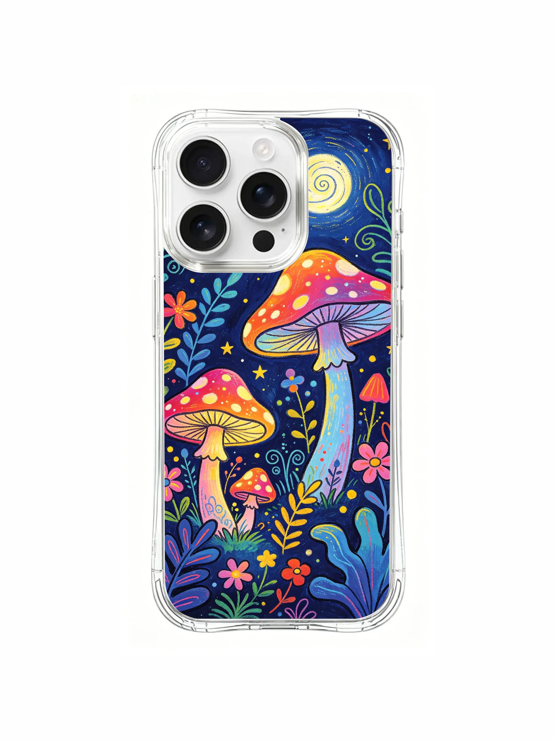 PhoneCasing iPhone 16 pro max Case, limited Luna Moss artist collab fine art casing featuring glowing dotted amanita mushrooms under swirling spiral moon amid dark enchanted woodland, gallery-grade wearable art crafted in California for retro psychedelic folk art collectors