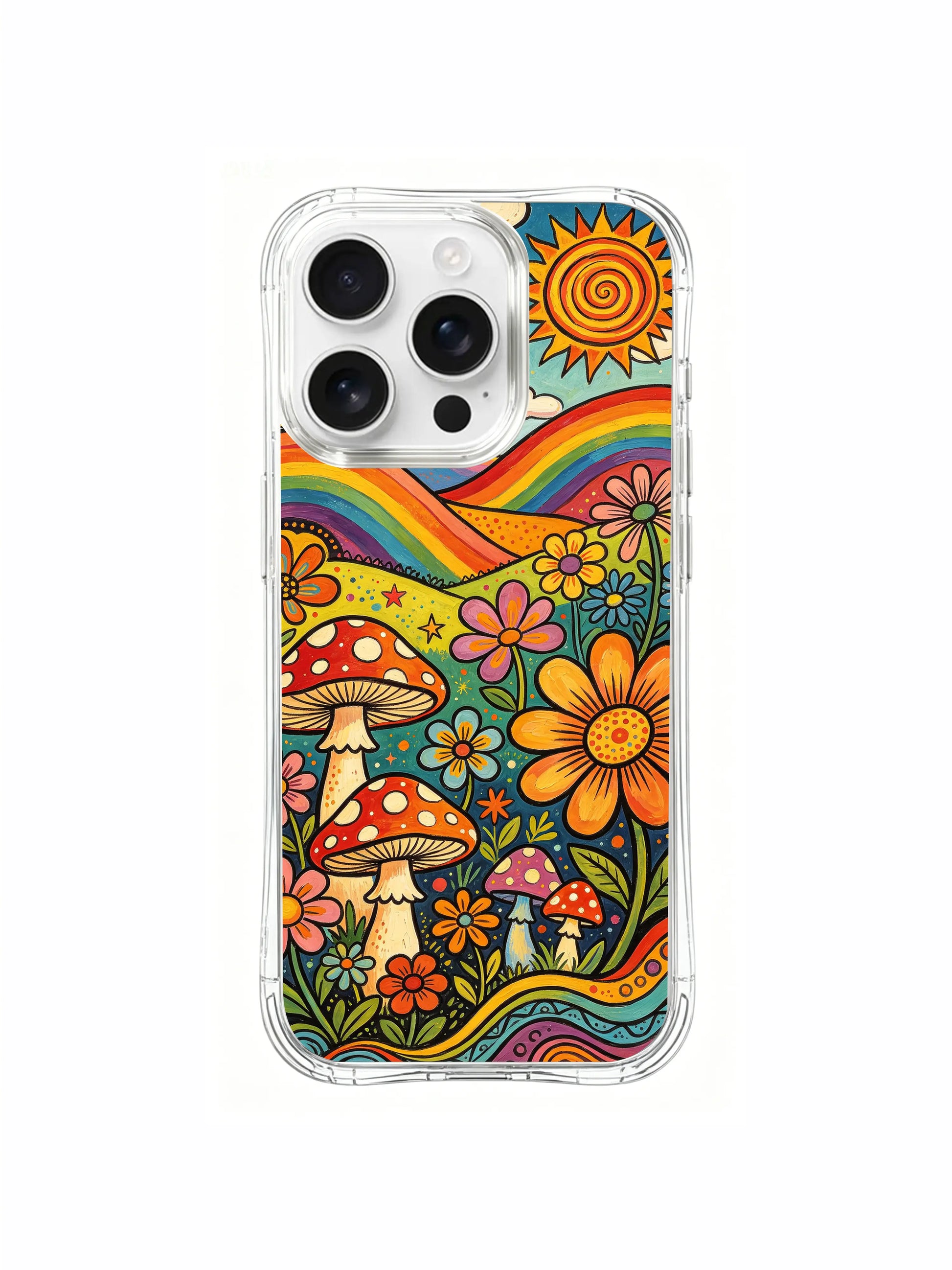 PhoneCasing iPhone 16 pro max Case, cozy cottage psychedelic fine art casing highlighting central rolling hill as scene anchor, where mushroom caps mirror flower bloom shape across the sunlit valley floor, US factory-produced premium art phone casing