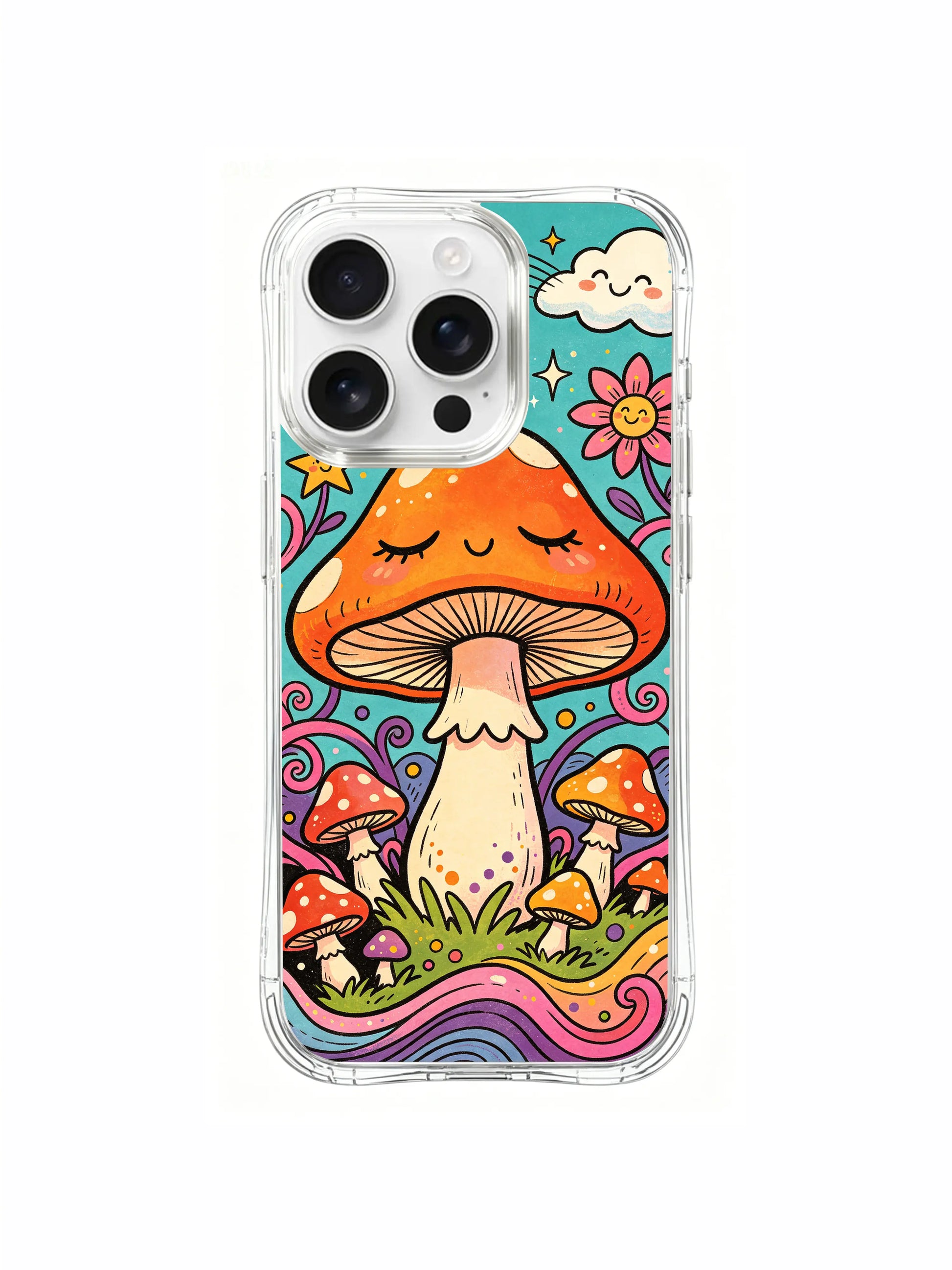 PhoneCasing iPhone 16 pro max Case, cozy dreamscape-style fine art casing highlighting oversized red-dot orange-capped mushroom as core of magical woodland slumber dream, US factory-produced premium art phone casing