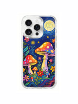 PhoneCasing iPhone 16 pro max Case, cozy night-themed fine art casing highlighting oversized glowing rainbow-capped spotted amanita as core woodland protagonist amid surrounding tiny wild fungi, US factory-produced premium art phone casing