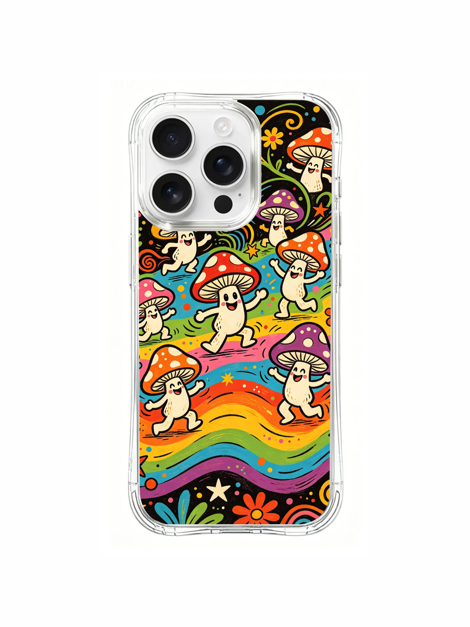 PhoneCasing iPhone 16 pro max Case, cozy festival-style fine art casing highlighting oversized red-capped lead mushroom setting dance tempo amid surrounding lively toadstools, US factory-produced premium art phone casing