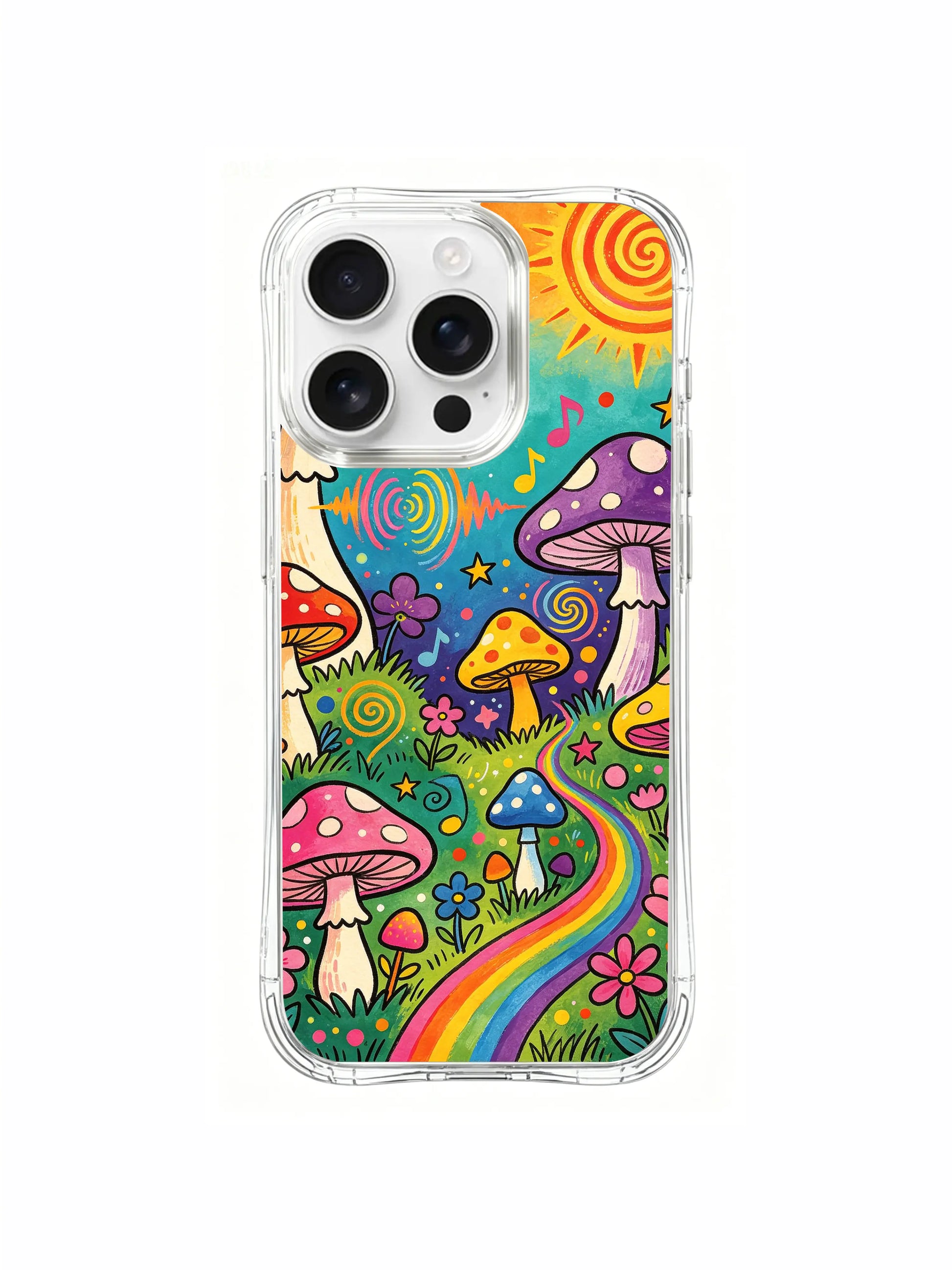 PhoneCasing iPhone 16 pro max Case, cottage psychedelic art casing anchoring central mushroom grove as natural woodland orchestra, each cap emits unique melody inside enchanted hidden meadow, US factory durable clear art phone casing.
