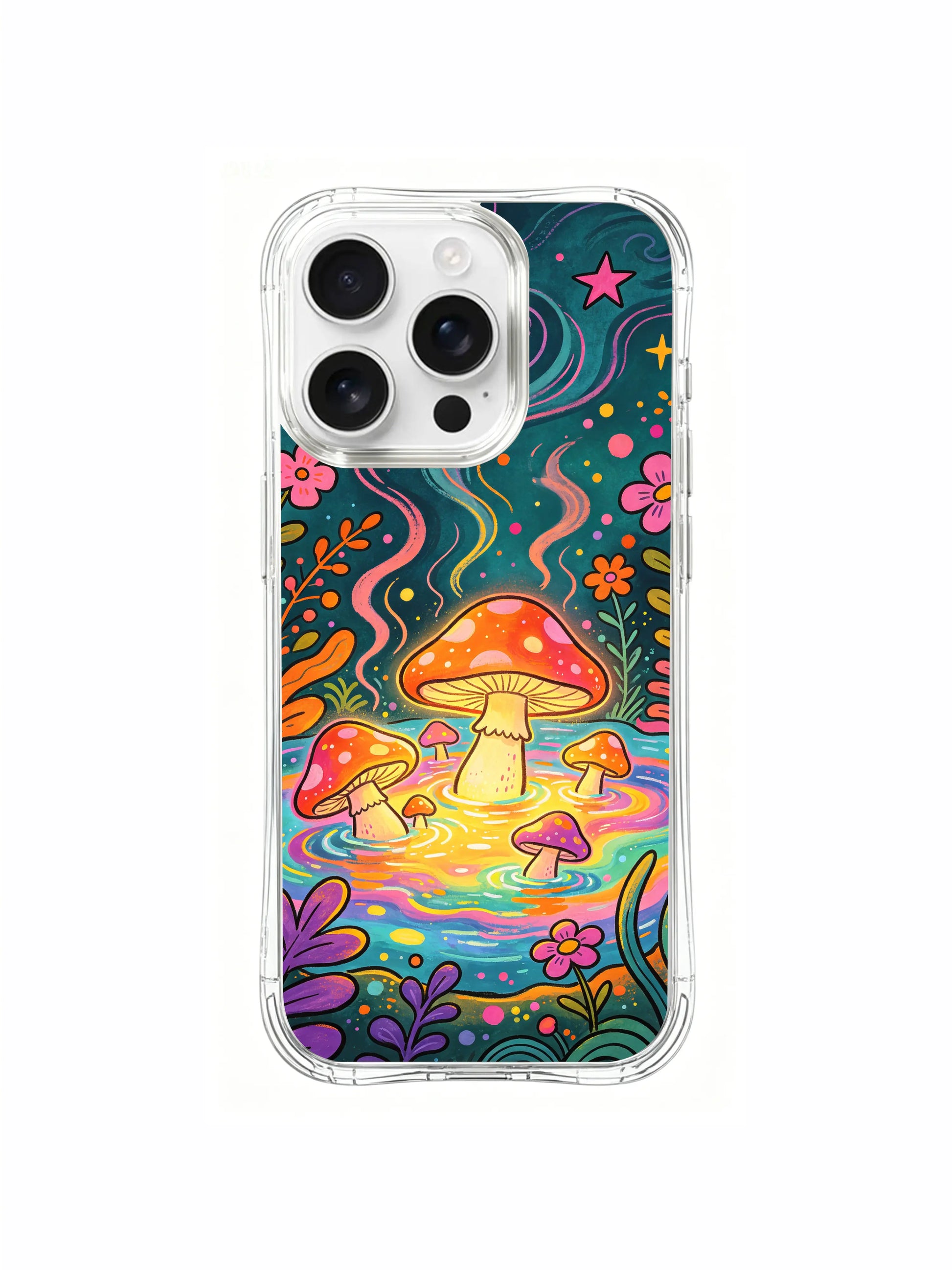 PhoneCasing iPhone 16 pro max Case, cottage psychedelic art casing anchoring central glowing mushroom pond as core enchanted hot spring, fungi soak within hidden fairy woodland, US factory durable clear art phone casing.
