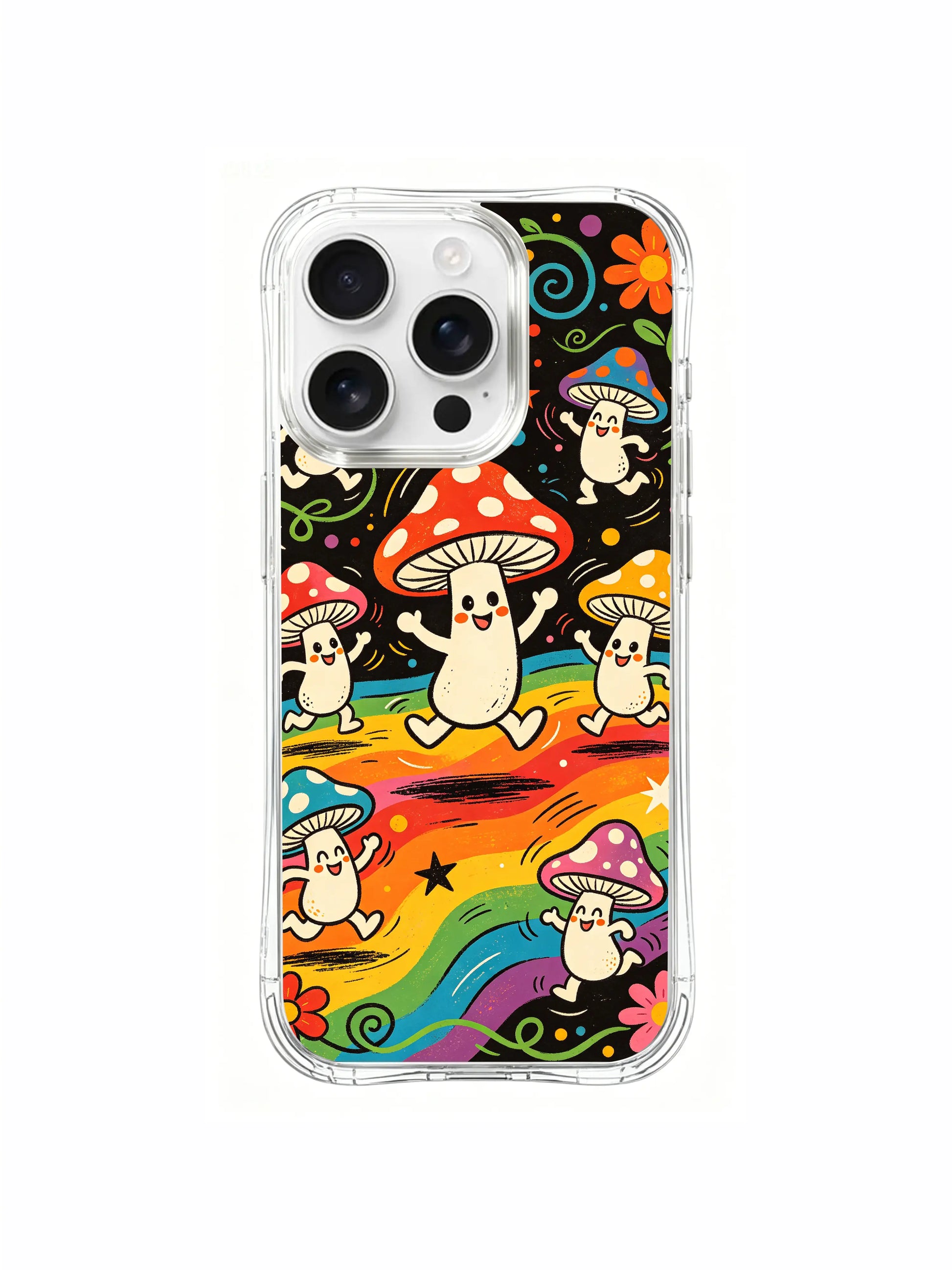 PhoneCasing iPhone 16 pro max Case, fantasy folk art casing with empty central dance floor enclosed by big & small dancing mushroom families, premium scratch-proof long-wearing wearable art casing