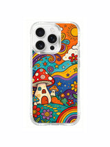 PhoneCasing iPhone 16 pro max Case, fantasy folk art casing with open central grass clearing occupied by ring of windmill-cap spotted mushrooms, whole village encircled by vivid multi-petaled wildflowers, long-wearing scratch-proof premium iPhone 16 pro max casing.