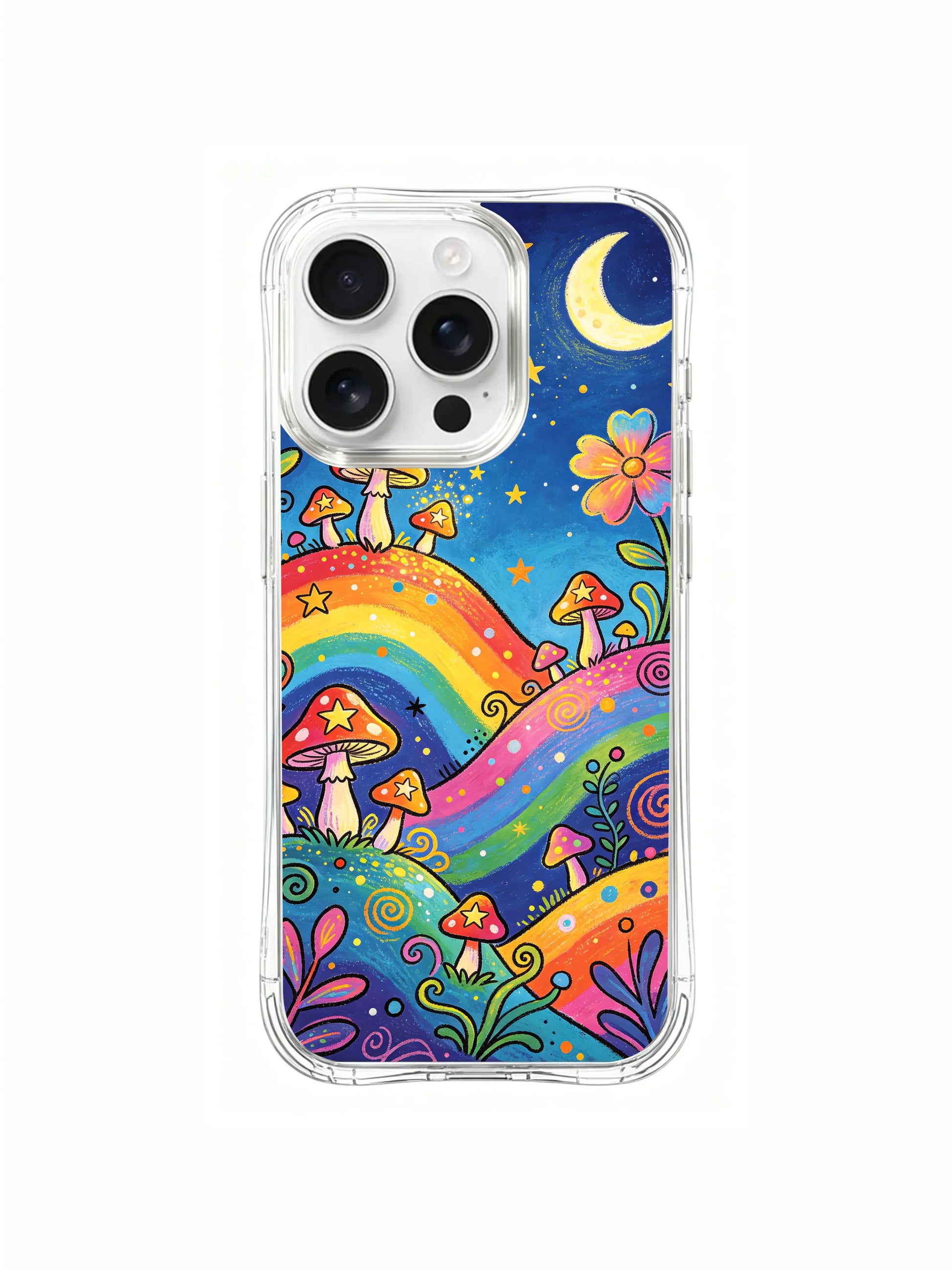 PhoneCasing iPhone 16 pro max Case, cottage psychedelic art casing anchoring central open grass clearing circled with star-collector spotted mushrooms, entire rainbow hill settlement ringed by vivid multi-petaled wildflowers, US factory durable transparent art phone casing.