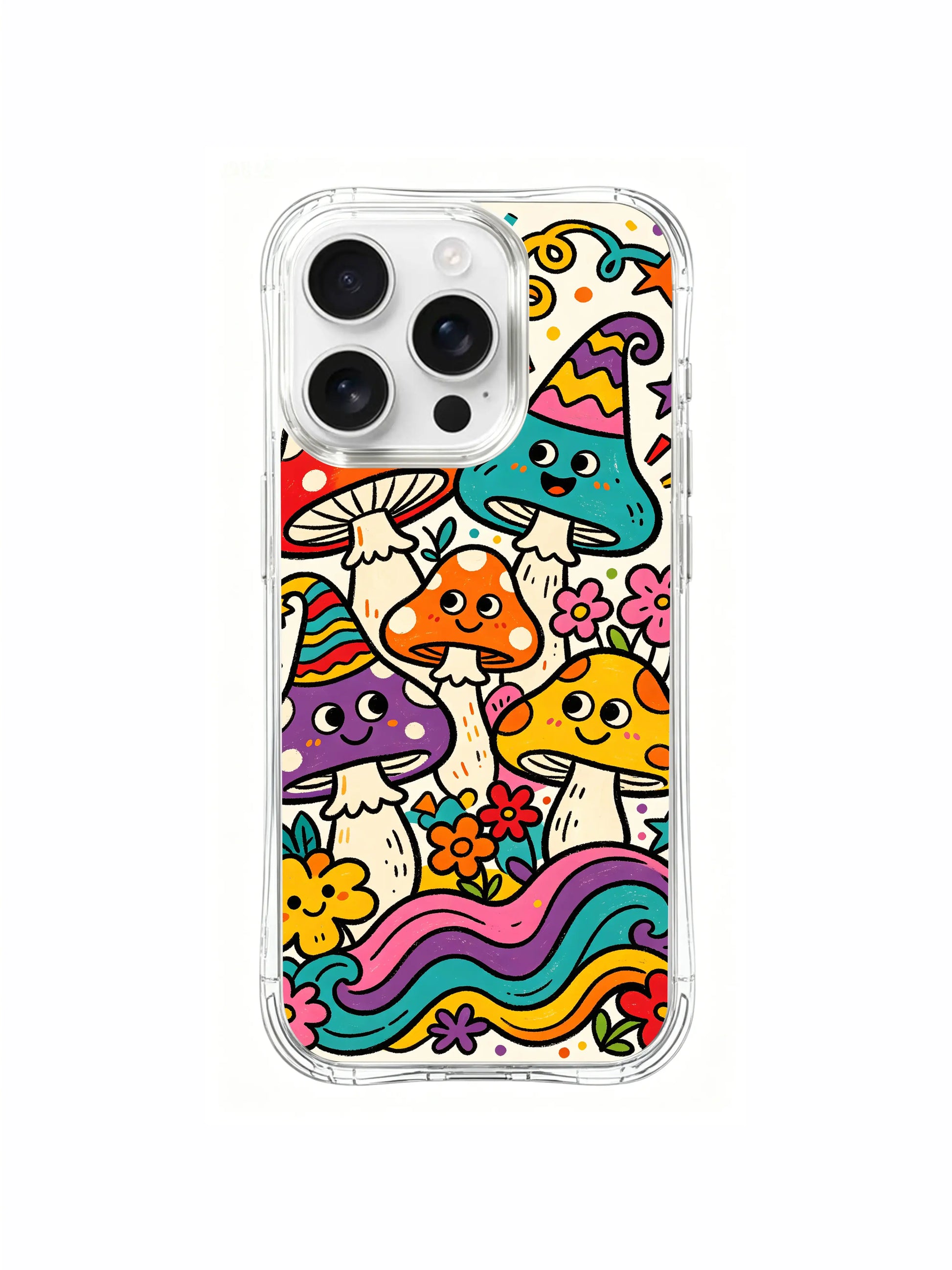 PhoneCasing iPhone 16 pro max Case, fantasy folk art casing with open central woodland clearing packed with marching happy clown fungi, whole parade encircled by vivid multi-petal wildflowers, long-lasting scratch-resistant premium iPhone 16 pro max casing.