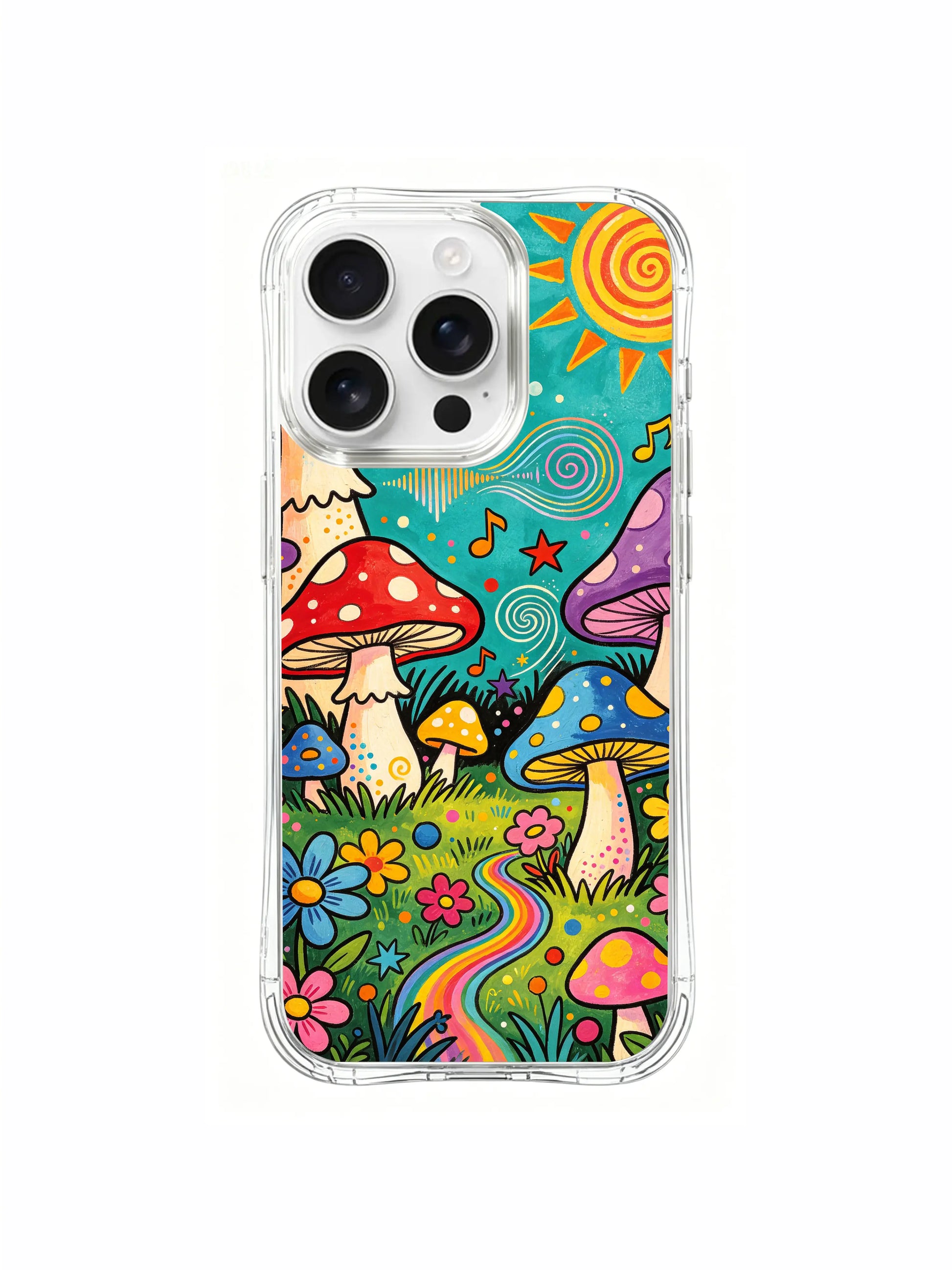 PhoneCasing iPhone 16 pro max Case, fantasy folk art casing with open central woodland clearing packed with melody-producing mushroom troop, whole grove encircled by vivid multi-petal wildflowers, long-lasting scratch-resistant premium iPhone 16 pro max casing.