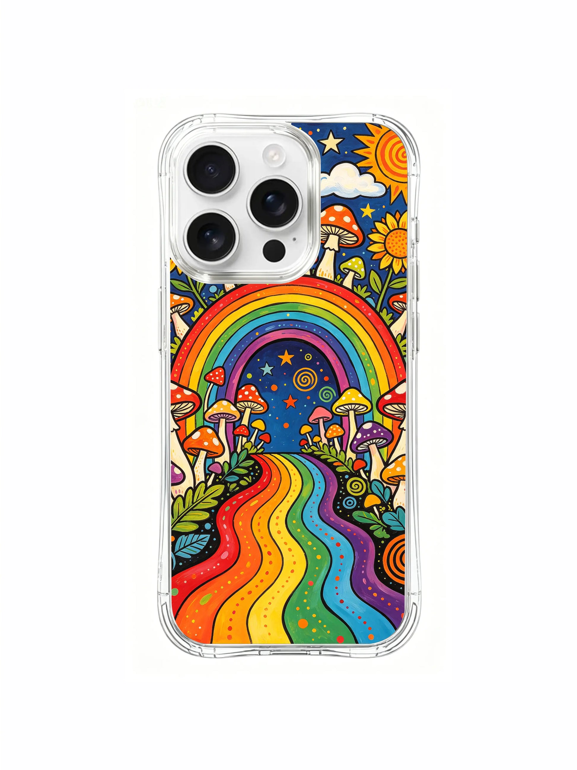 PhoneCasing iPhone 16 pro max Case, fantasy folk art casing with open central meadow clearing encircled by ring of tiny spotted mushrooms and vivid blooming sunflowers right before rainbow gate, long-lasting scratch-resistant premium iPhone 16 pro max casing.