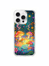 PhoneCasing iPhone 16 pro max Case, fantasy folk art casing with open central woodland pond packed with glowing soaking mushroom troop, whole hot spring encircled by vivid multi-petal wildflowers, long-lasting scratch-resistant premium iPhone 16 pro max casing.