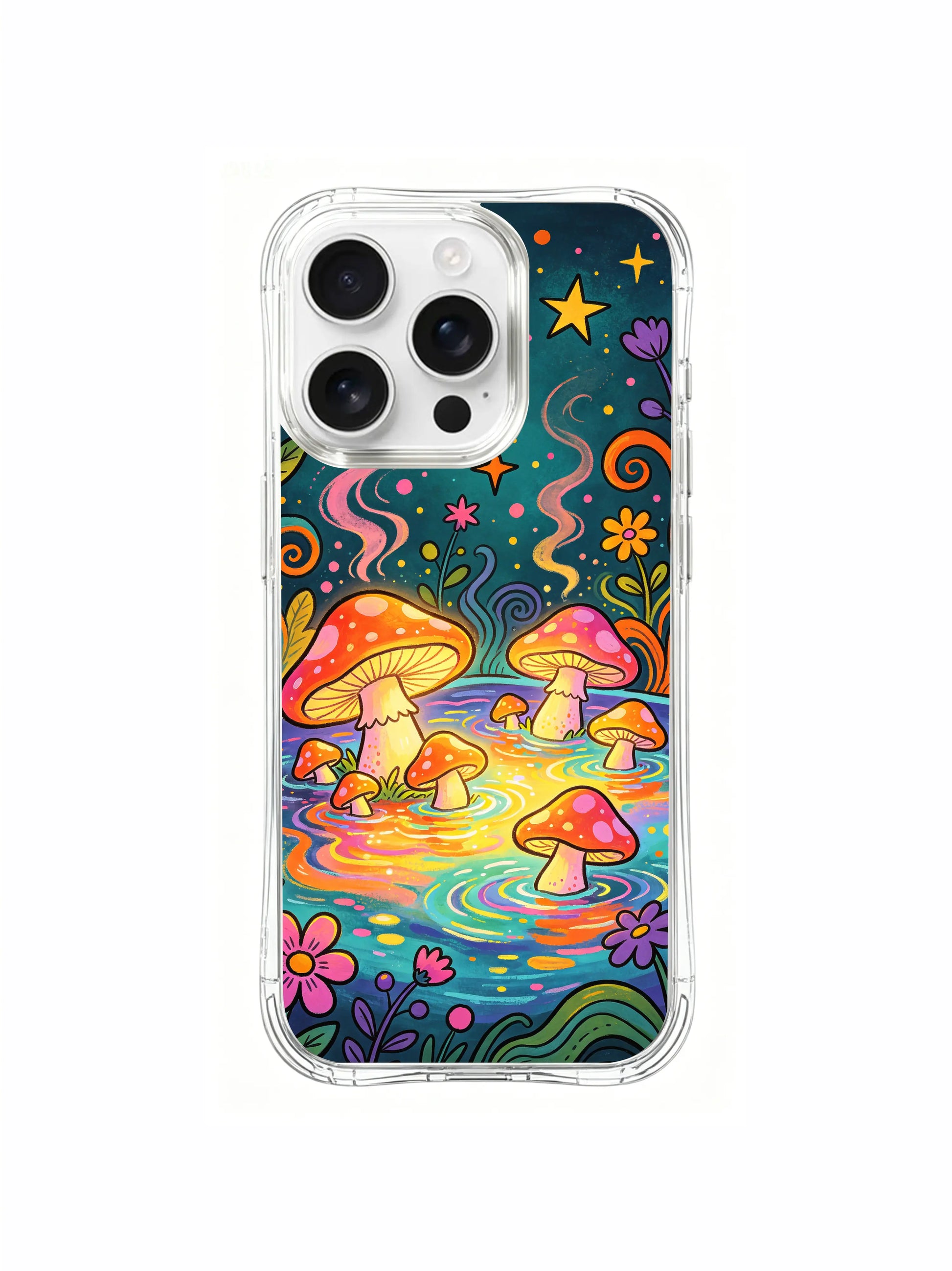 PhoneCasing iPhone 16 pro max Case, fantasy folk art casing with open central woodland pond packed with glowing soaking mushroom troop, whole hot spring encircled by vivid multi-petal wildflowers, long-lasting scratch-resistant premium iPhone 16 pro max casing.