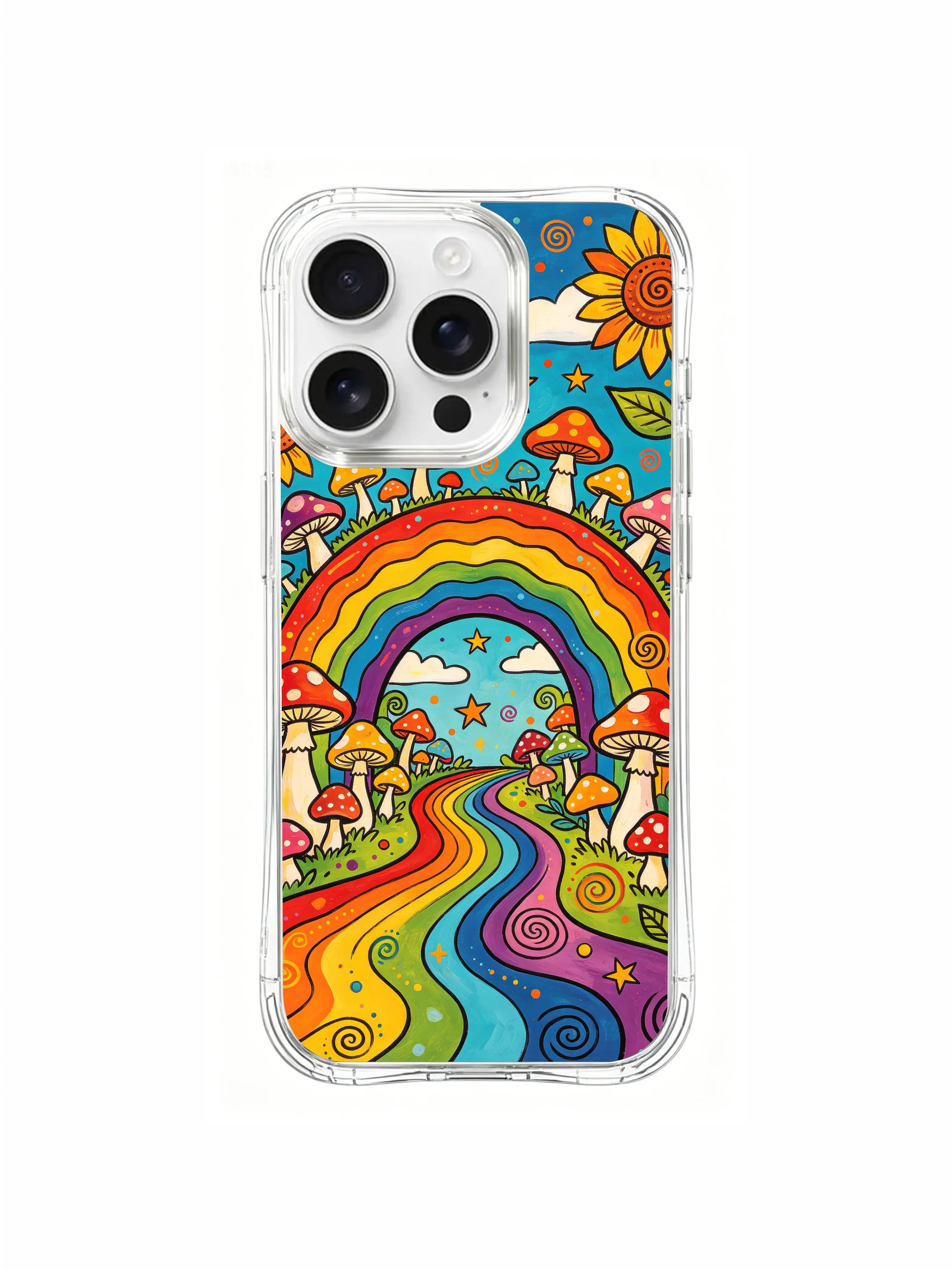 PhoneCasing iPhone 16 pro max Case, cottage psychedelic art casing anchoring central rainbow arch as core scene focal point, gateway opens onto secret sunflower & mushroom hidden woodland realm, US factory durable clear art phone casing.