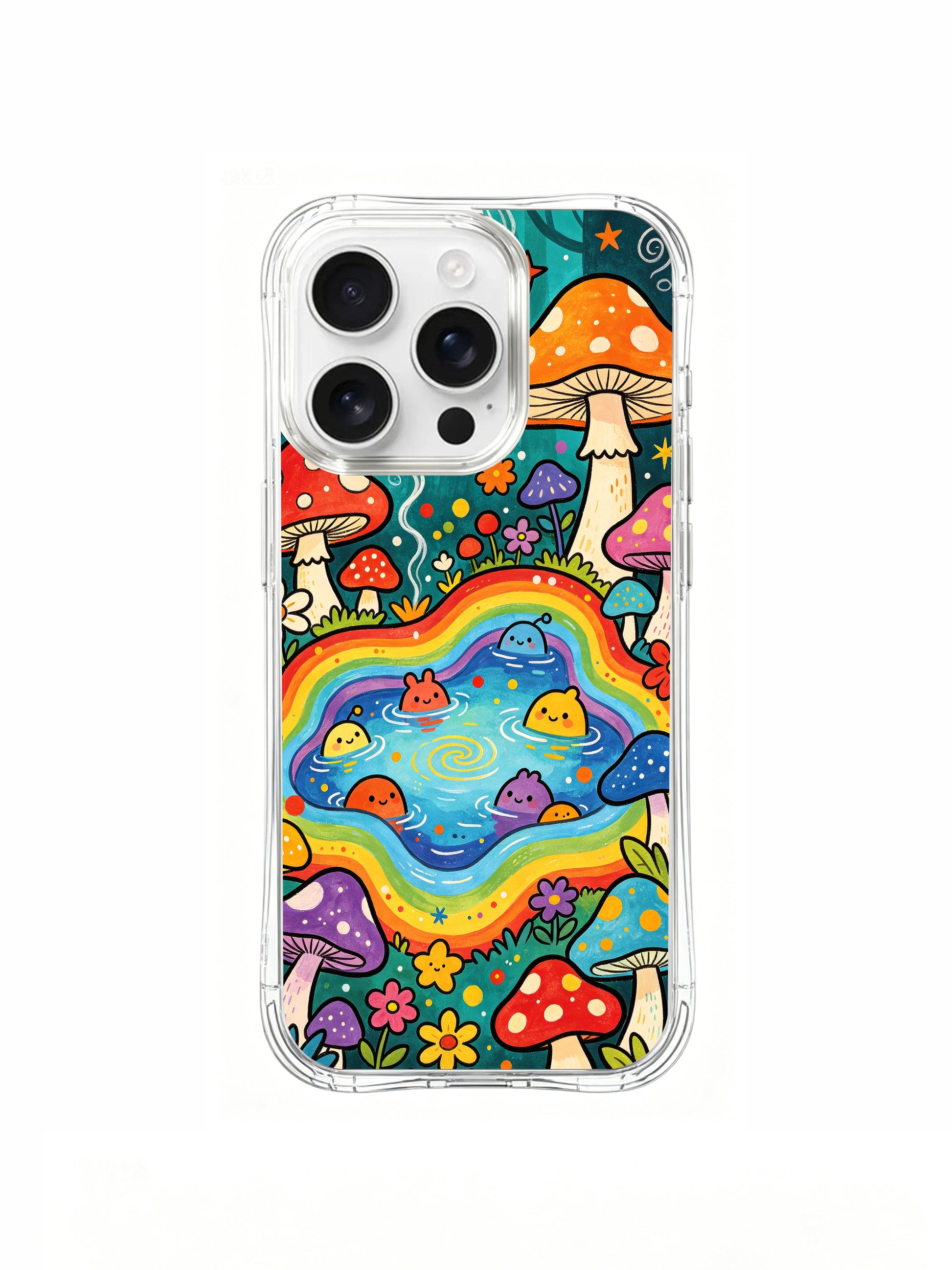 PhoneCasing iPhone 16 pro max Case, limited Luna Moss artist collab fine art casing featuring adorable cartoon blob friends popping from rainbow-edged pond amid colorful spotted fly agaric woodland, gallery-grade wearable art made in California for retro psychedelic folk art buyers