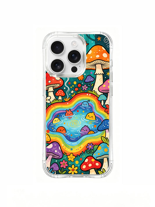 PhoneCasing iPhone 16 pro max Case, limited Luna Moss artist collab fine art casing featuring adorable cartoon blob friends popping from rainbow-edged pond amid colorful spotted fly agaric woodland, gallery-grade wearable art made in California for retro psychedelic folk art buyers