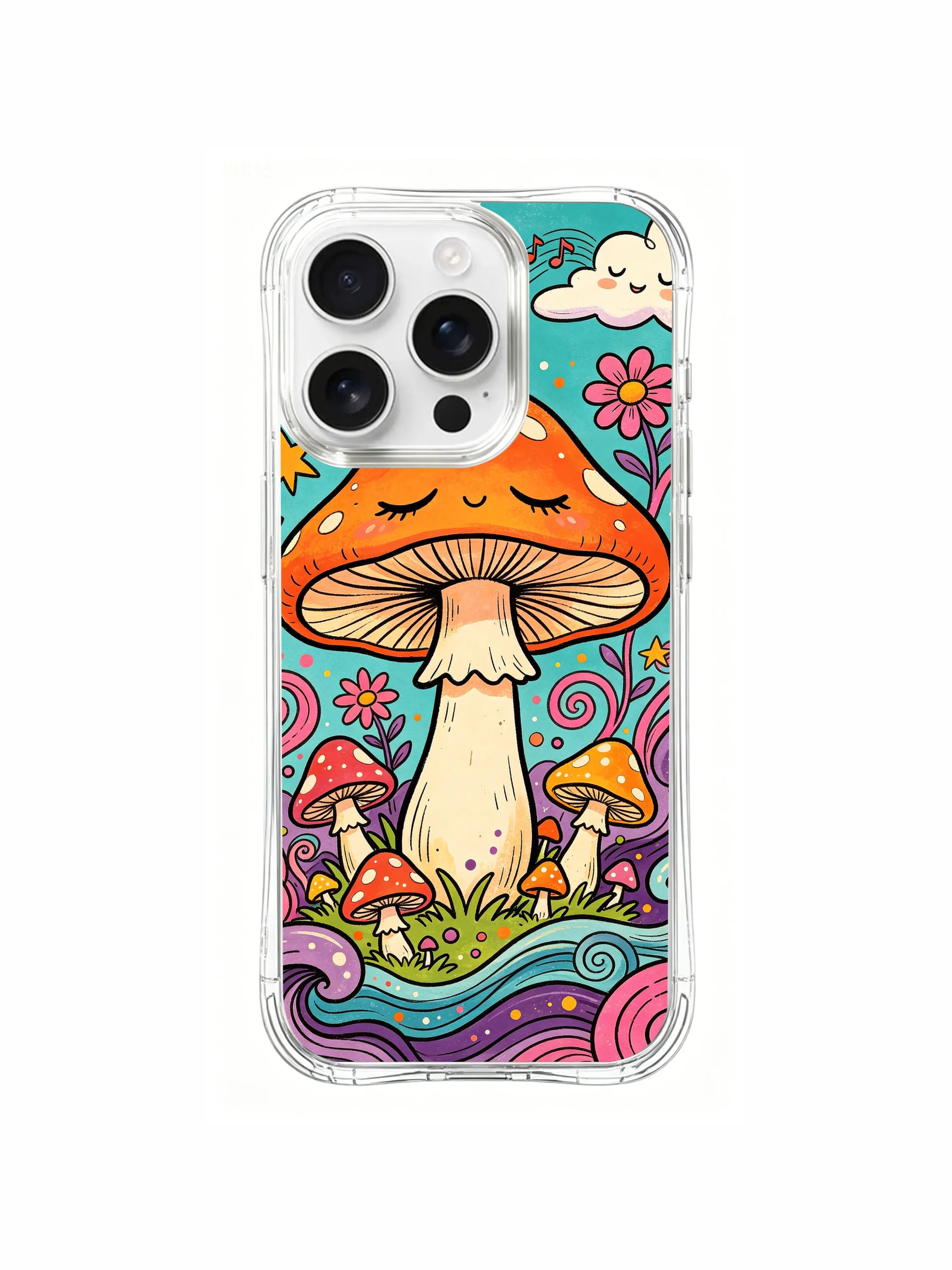 PhoneCasing iPhone 16 pro max Case, limited Luna Moss artist collab fine art casing featuring slumbering oversized orange spotted amanita amid dreamy teal sky, gallery-grade wearable art crafted in California for retro psychedelic folk art collectors
