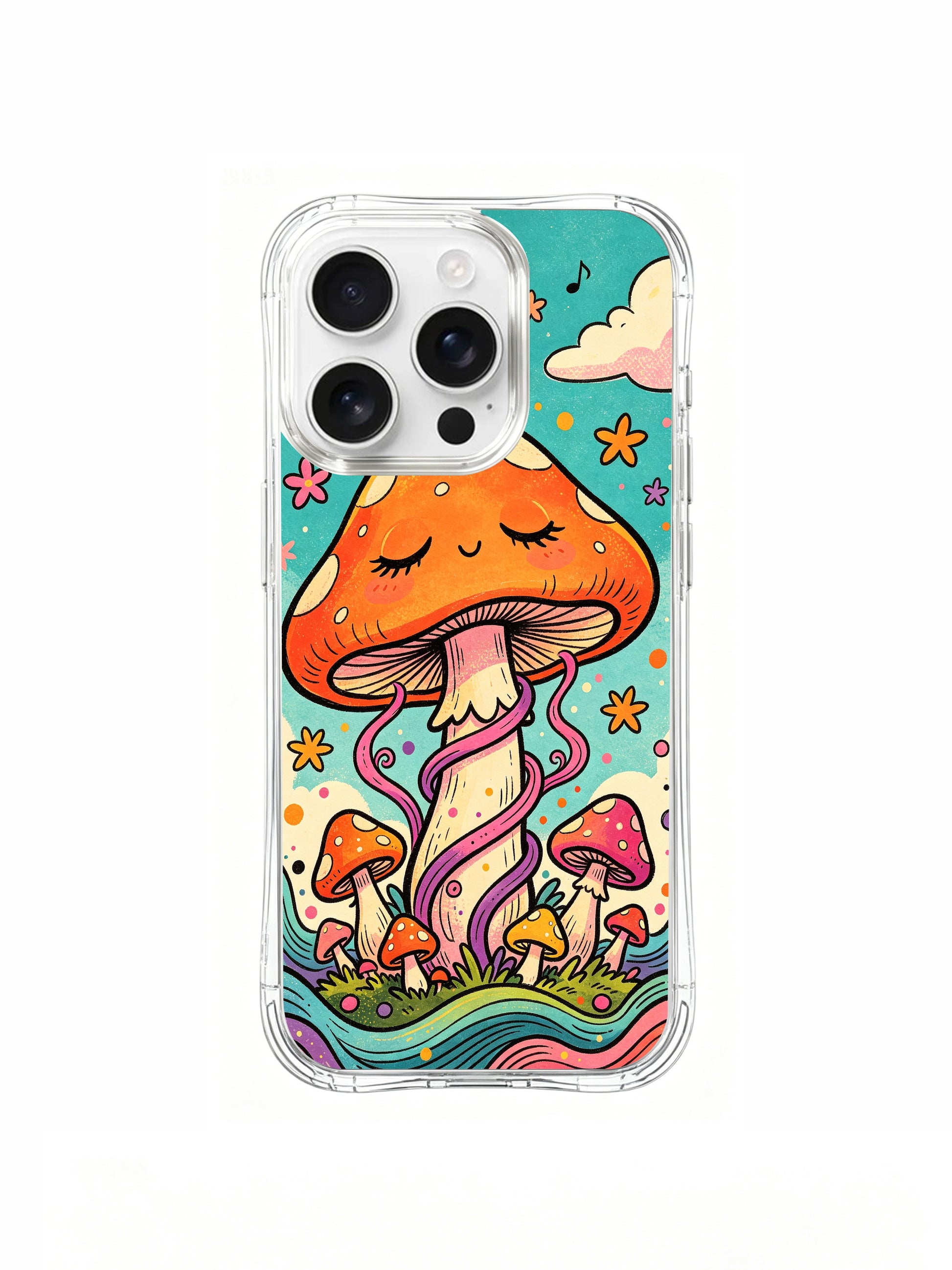 PhoneCasing iPhone 16 pro max Case, limited Luna Moss artist collab fine art casing featuring sleeping giant orange fly agaric under dreamy teal sky, singing cartoon cloud and blooming star-shaped blossoms, gallery-grade wearable art crafted in California for retro psychedelic folk art collectors