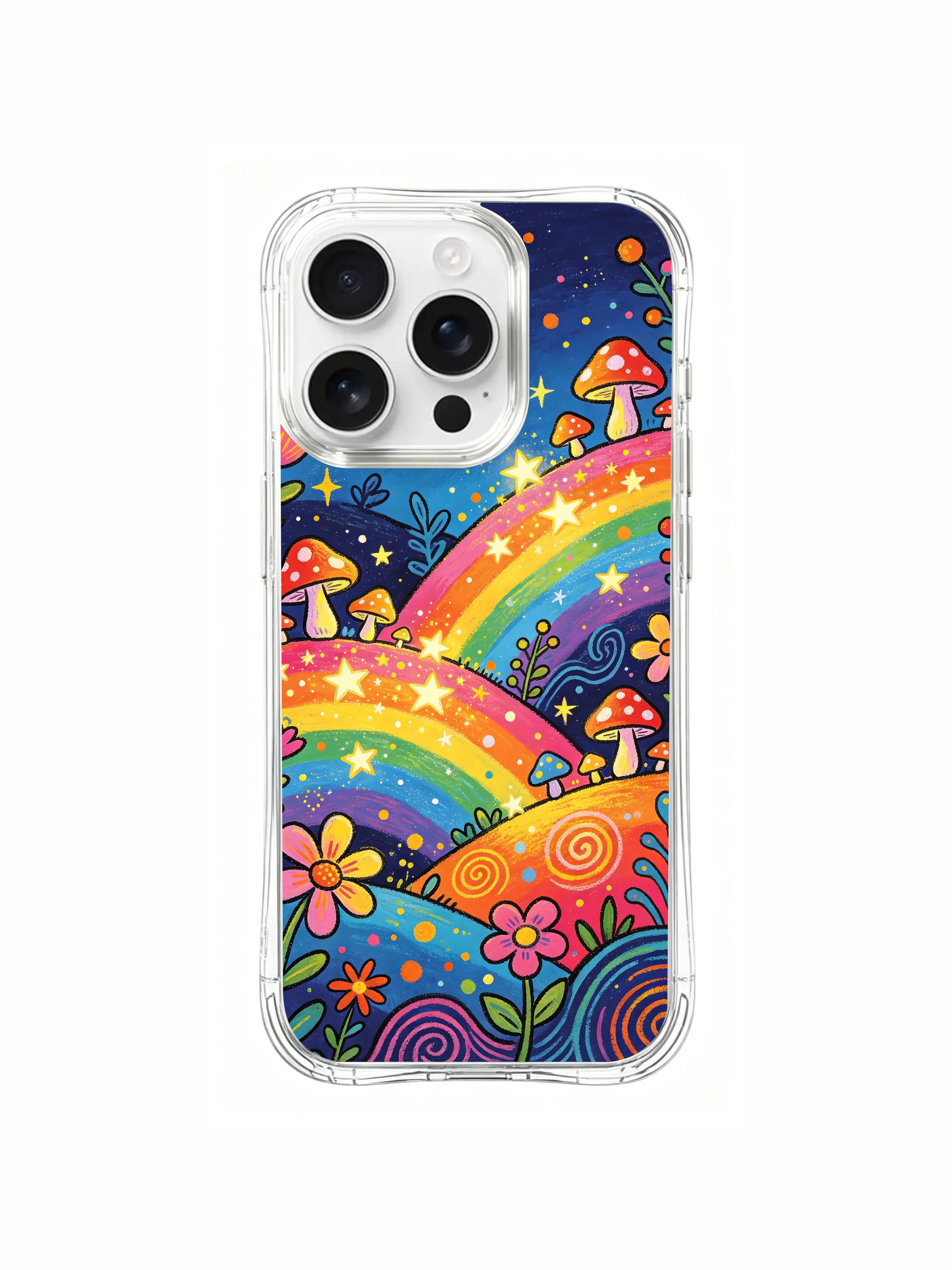 PhoneCasing iPhone 16 pro max Case, fantasy folk art casing with open central starfall clearing occupied by ring of star-gathering spotted mushrooms, whole hillscape encircled by vivid multi-petaled wildflowers, long-wearing scratch-proof premium iPhone 16 pro max casing.