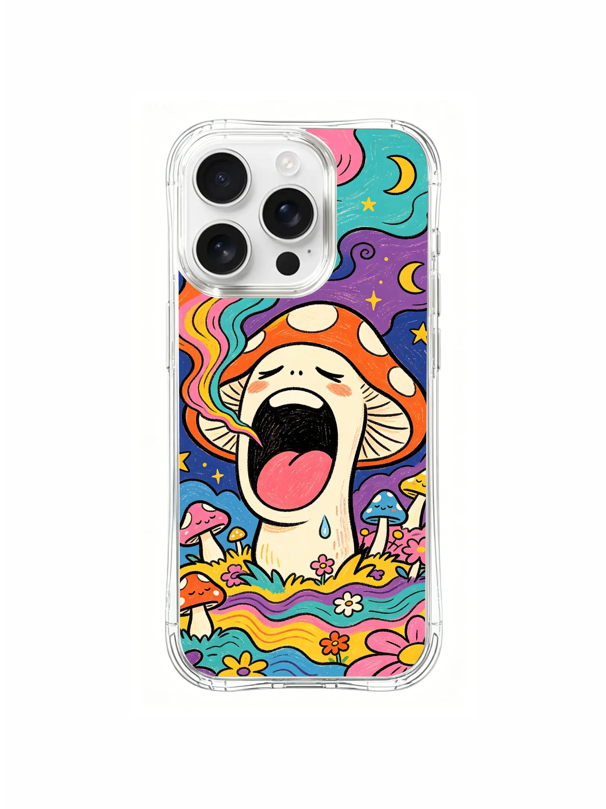PhoneCasing iPhone 16 pro max Case, cozy cottage psychedelic fine art casing highlighting central mushroom stalk as scene anchor, exhausted yawn-cap amanita releases rainbow swirl mist across the starry woodland floor, US factory-produced premium art phone casing.
