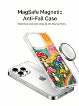 Tall red mushroom with music waves and rainbow path artwork on an iPhone 16 Pro Max case