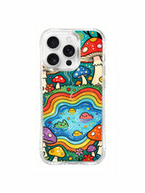 Rainbow pond with playful creatures artwork on an iPhone 16 Pro Max case