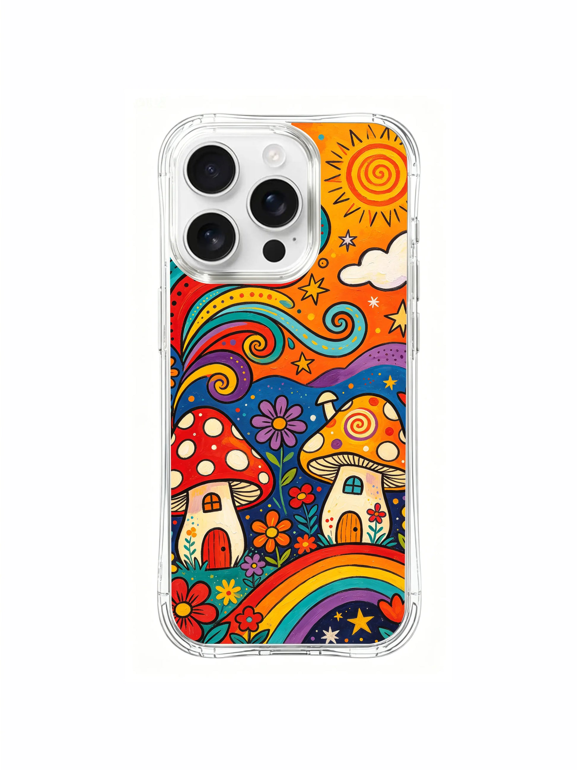 PhoneCasing iPhone 16 pro max Case, cottage psychedelic art casing anchoring central windmill mushroom tower as core of hidden hillside fairy farm, assorted size spotted fungi spread across blooming meadow, US factory durable transparent art phone casing.