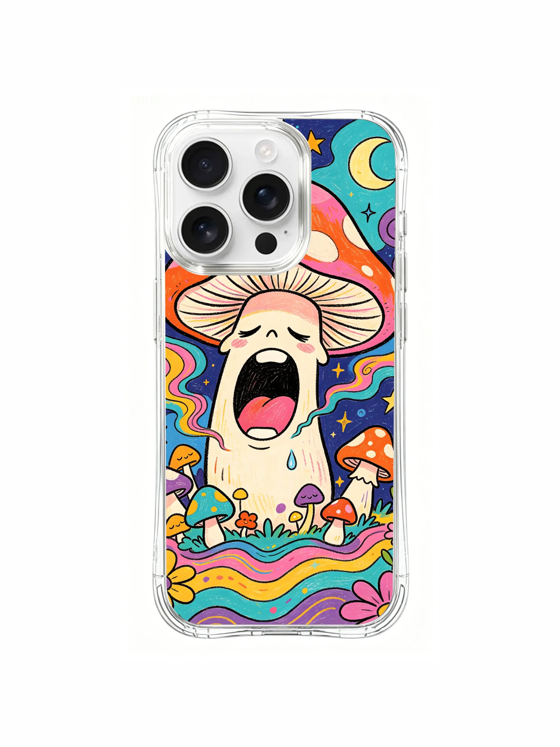PhoneCasing iPhone 16 pro max Case, limited Luna Moss artist collab clear art casing featuring central sleepy red spotted fly agaric yawning with curly rainbow spiral smoke drifting upward, starry night sky paired with crescent moon and tiny companion mushrooms, vintage 70s psychedelic folk artwork made in California.