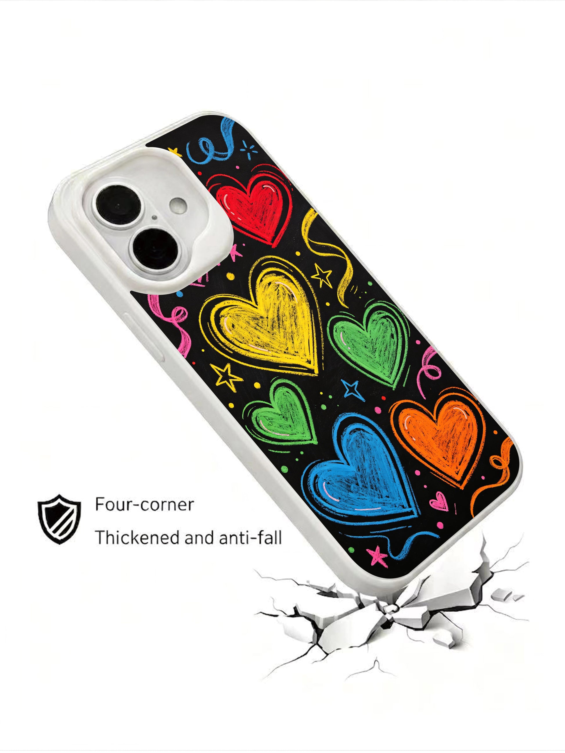PhoneCasing Chalk Doodle Hearts Case for iPhone 16 Plus, a playful iPhone 16 plus casing with hand-drawn neon hearts and sketchy details.