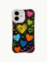 PhoneCasing Blackboard Candy Hearts Case for iPhone 16 Plus, a whimsical iPhone 16 plus casing with rainbow chalk hearts and retro vibes.