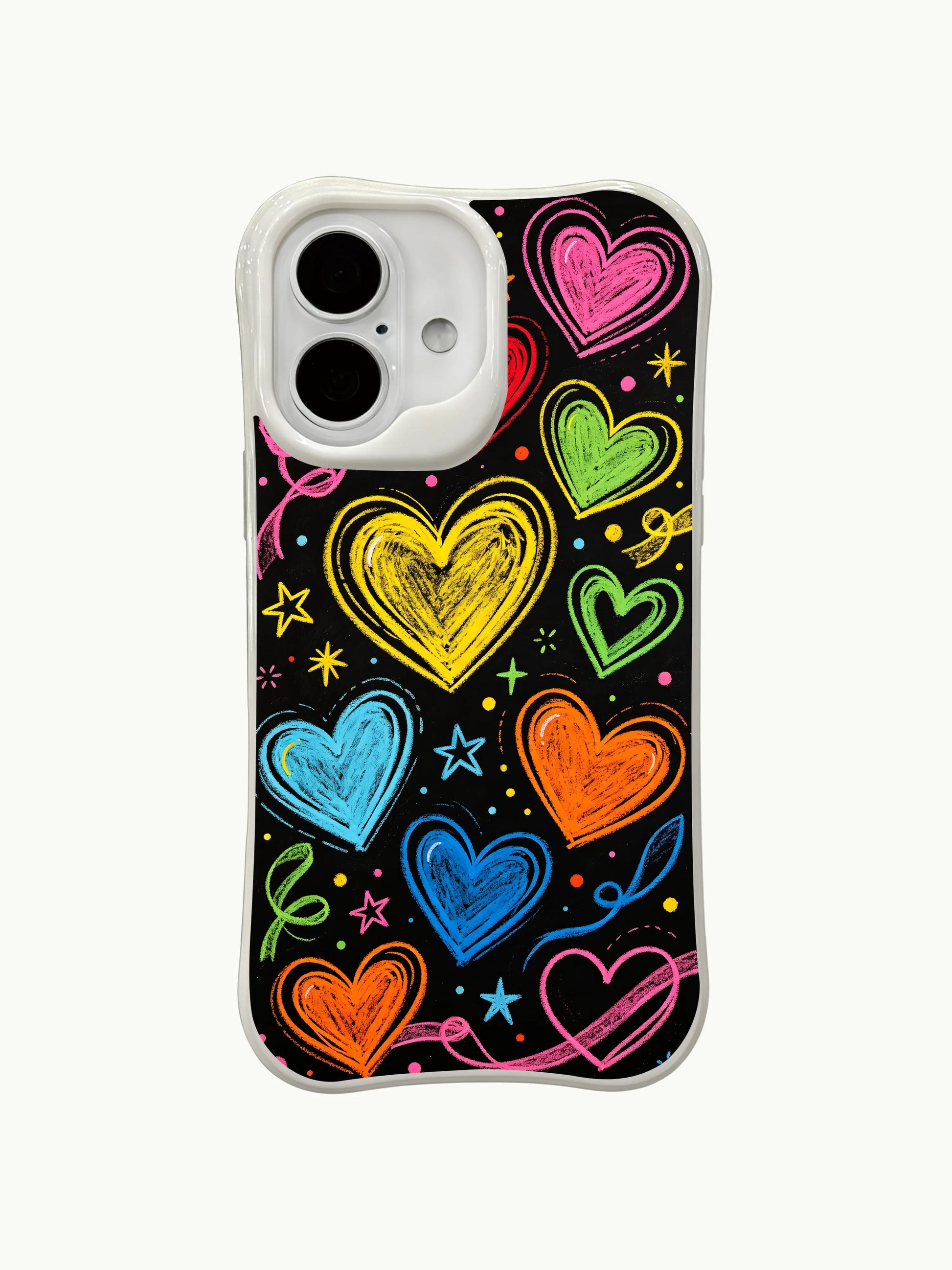 PhoneCasing Blackboard Candy Hearts Case for iPhone 16 Plus, a whimsical iPhone 16 plus casing with rainbow chalk hearts and retro vibes.