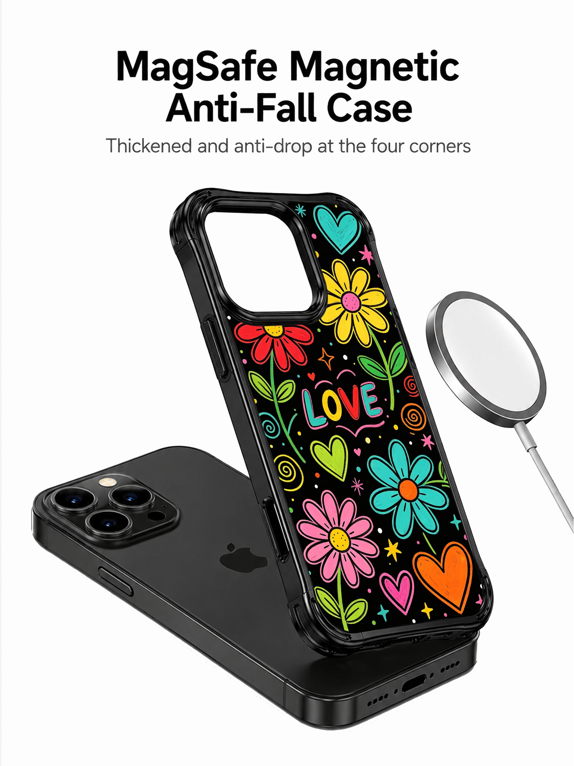 PhoneCasing iPhone 13 Pro Max case with loose chalk texture doodles of white and rainbow neon daisies, vivid outlined hearts, playful LOVE script and mini star swirl decorations, cheerful cottage pop art phone casing.