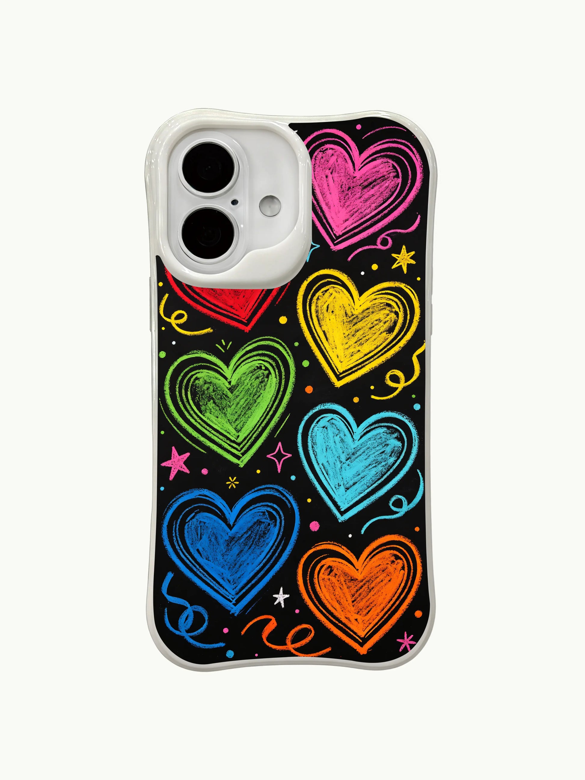 PhoneCasing Chalky Candy Hearts Case for iPhone 16 Plus, a playful iPhone 16 plus casing with colorful hand-drawn hearts and party vibes.