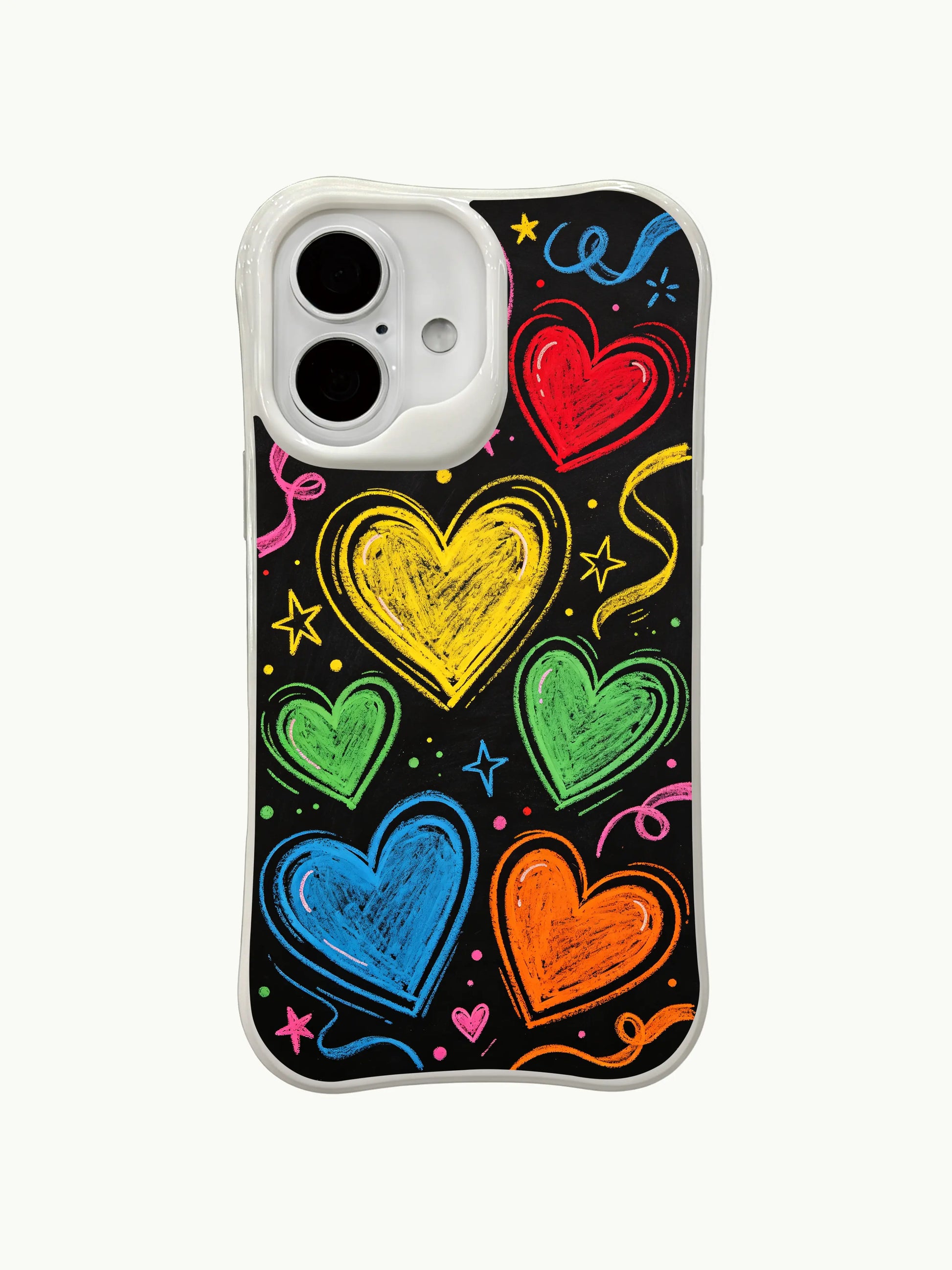 PhoneCasing Chalky Party Hearts Case for iPhone 16 Plus, a fun iPhone 16 plus casing with rainbow chalk hearts and black background.