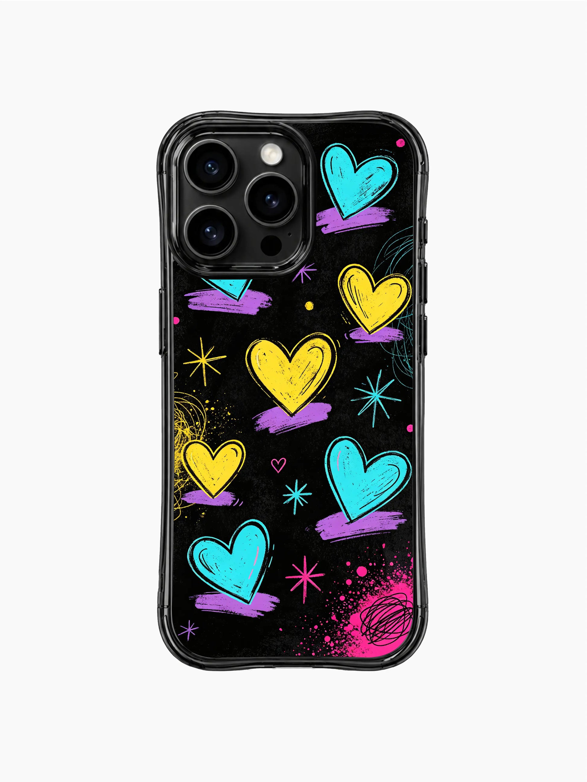 Y2K bubblegum pop PhoneCasing iPhone 13 Pro Max case, textured hand drawn hearts in cyan lemon yellow lavender, scattered star bursts and pink paint splatter noise grain, playful valentine phone shell