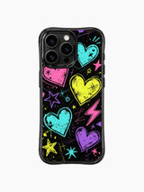 Edgy valentine PhoneCasing iPhone 13 Pro Max casing, hand sketched Sweet Rebel Hearts pattern, scattered star bursts and neon lightning splatter print