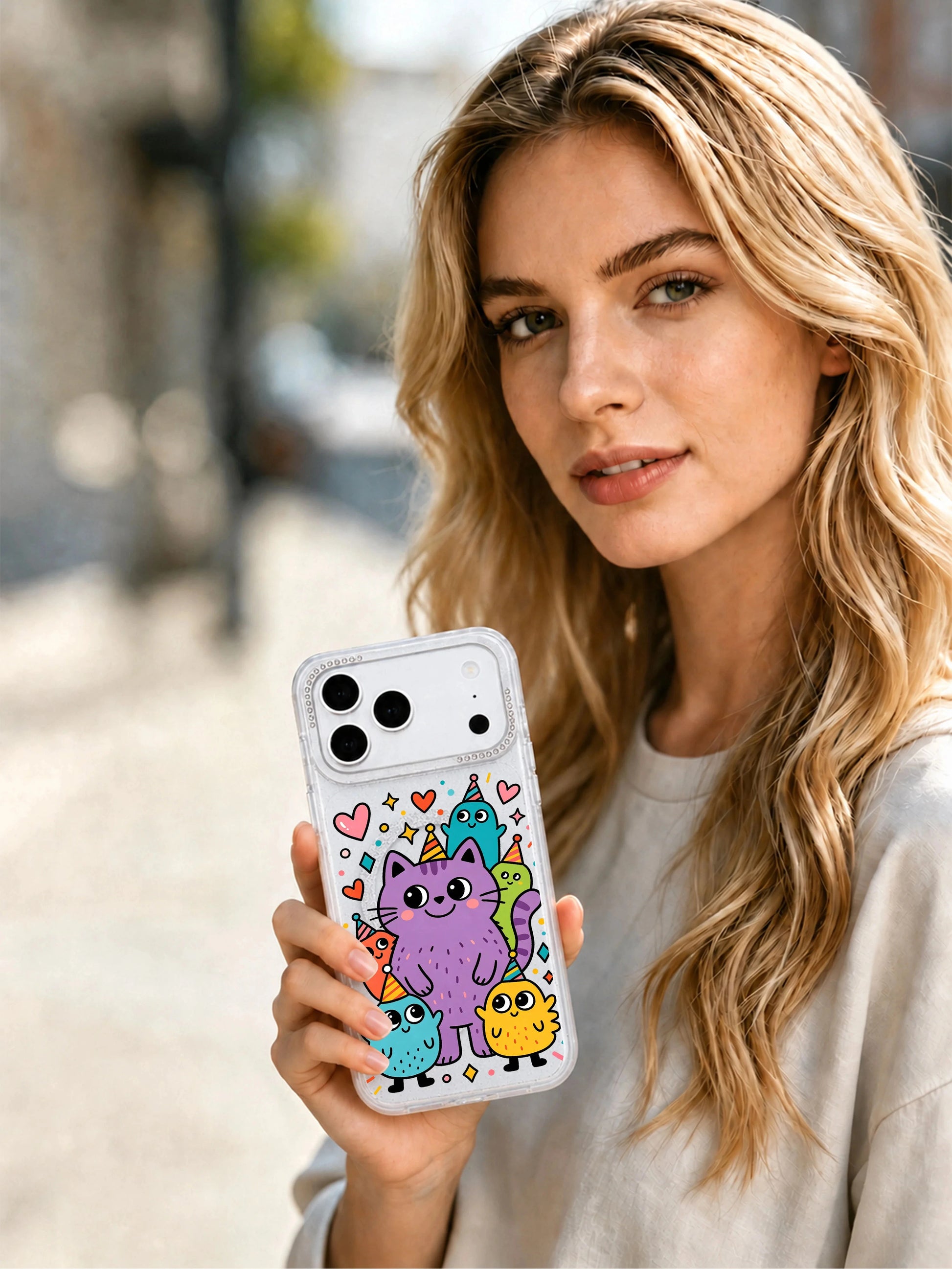 PhoneCasing bright outdoor street lifestyle photograph featuring Cheer Purple Cat Monster iPhone 17 Pro Max case, warm positive kidcore print built to boost Google image SEO for trendy iPhone 17 Pro Max casing listings