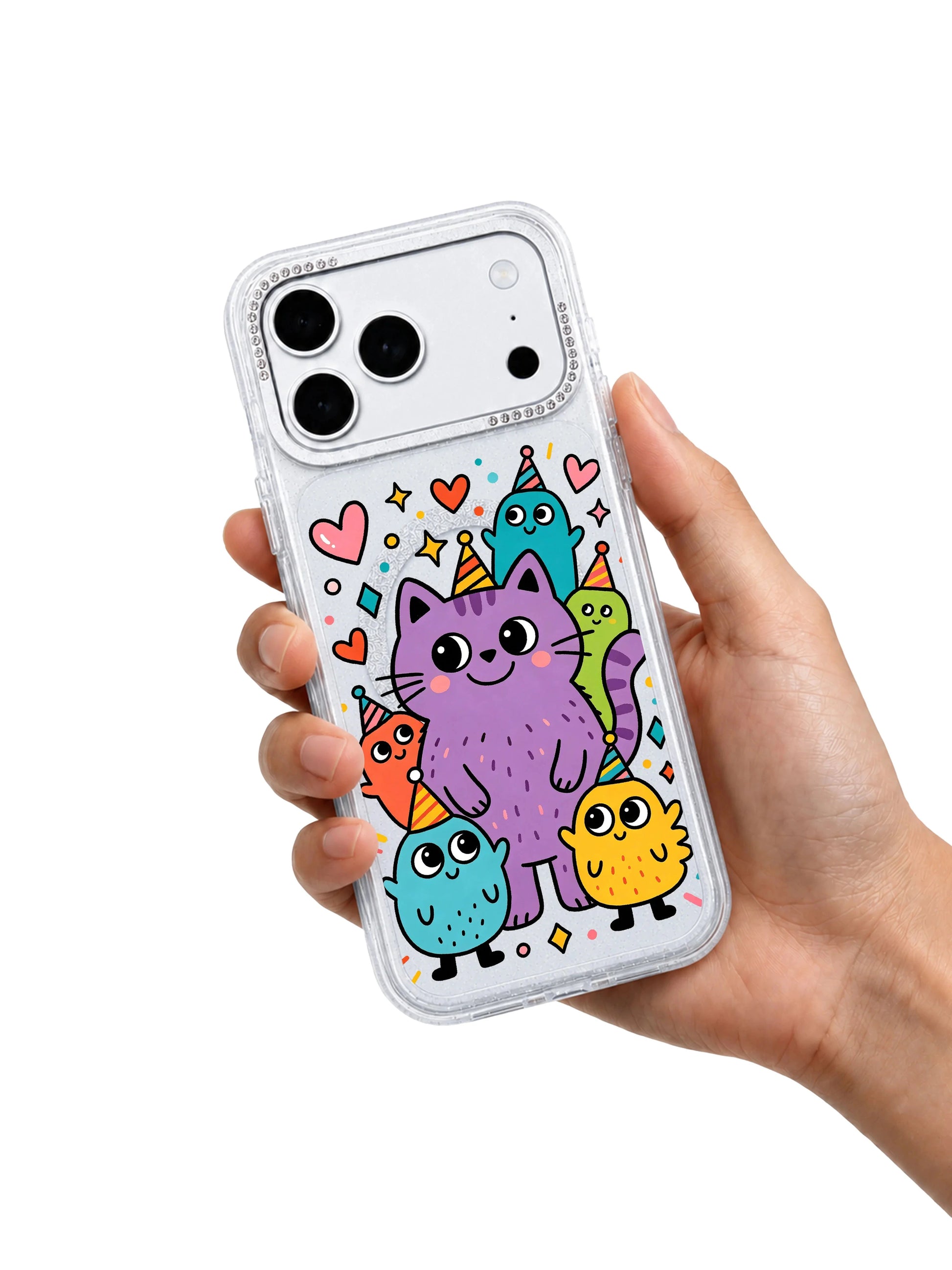 PhoneCasing bright outdoor street lifestyle photograph featuring Cheer Purple Cat Monster iPhone 17 Pro Max case, warm positive kidcore print built to boost Google image SEO for trendy iPhone 17 Pro Max casing listings