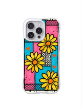 PhoneCasing iPhone 16 pro Case with upbeat patchwork grid color block base and prominent lemon daisy heart motifs, Ruby Daze Lemon Pop Daisy Grid wavy design for daily youthful street casual wear.