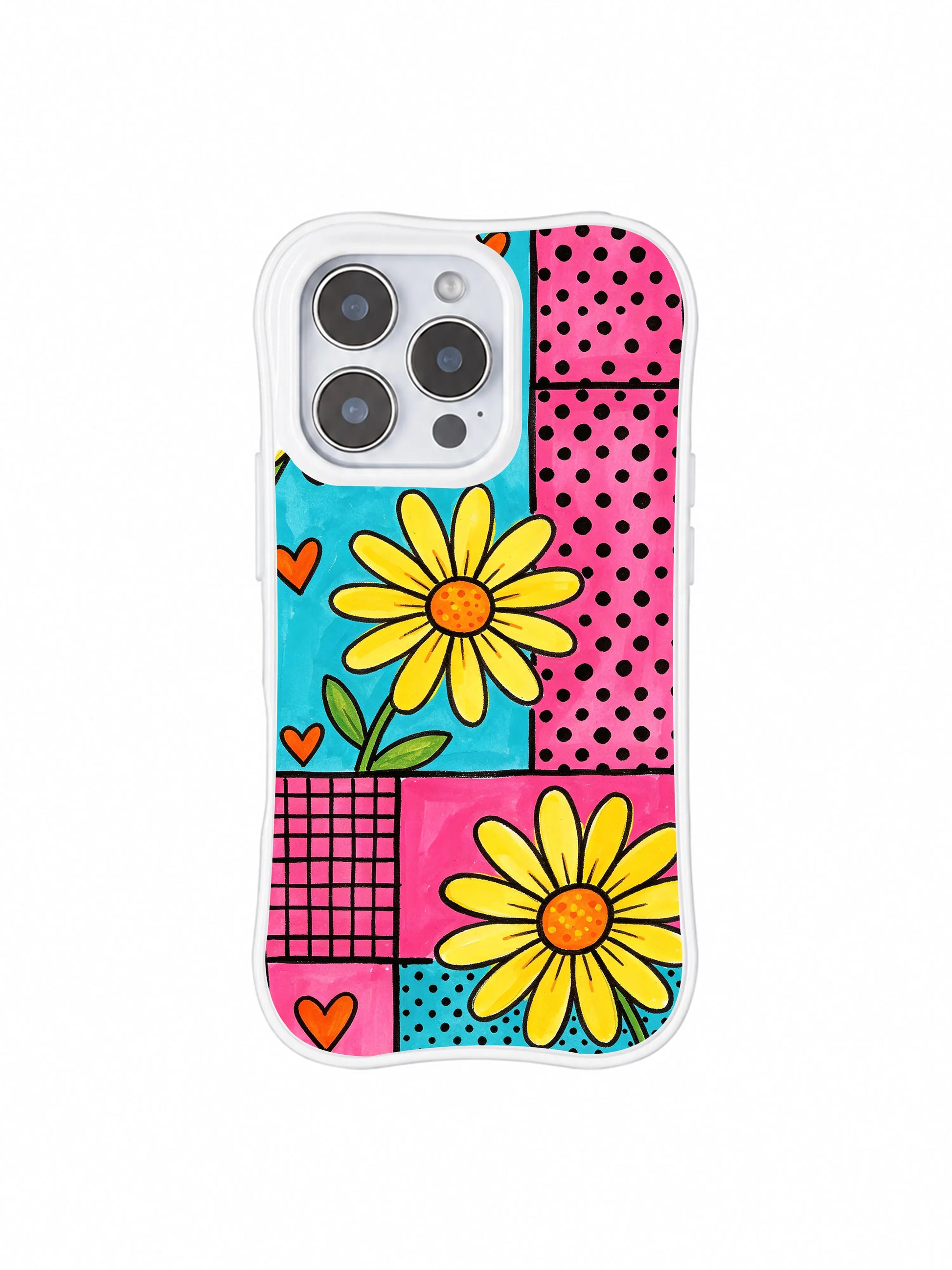 PhoneCasing iPhone 16 pro Case with upbeat patchwork grid color block base and prominent lemon daisy heart motifs, Ruby Daze Lemon Pop Daisy Grid wavy design for daily youthful street casual wear.
