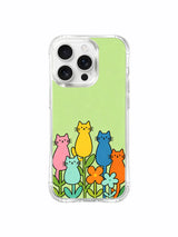 PhoneCasing iPhone 16 pro max clear case with bright cat art, a garden of colorful cats that brings joy every day.