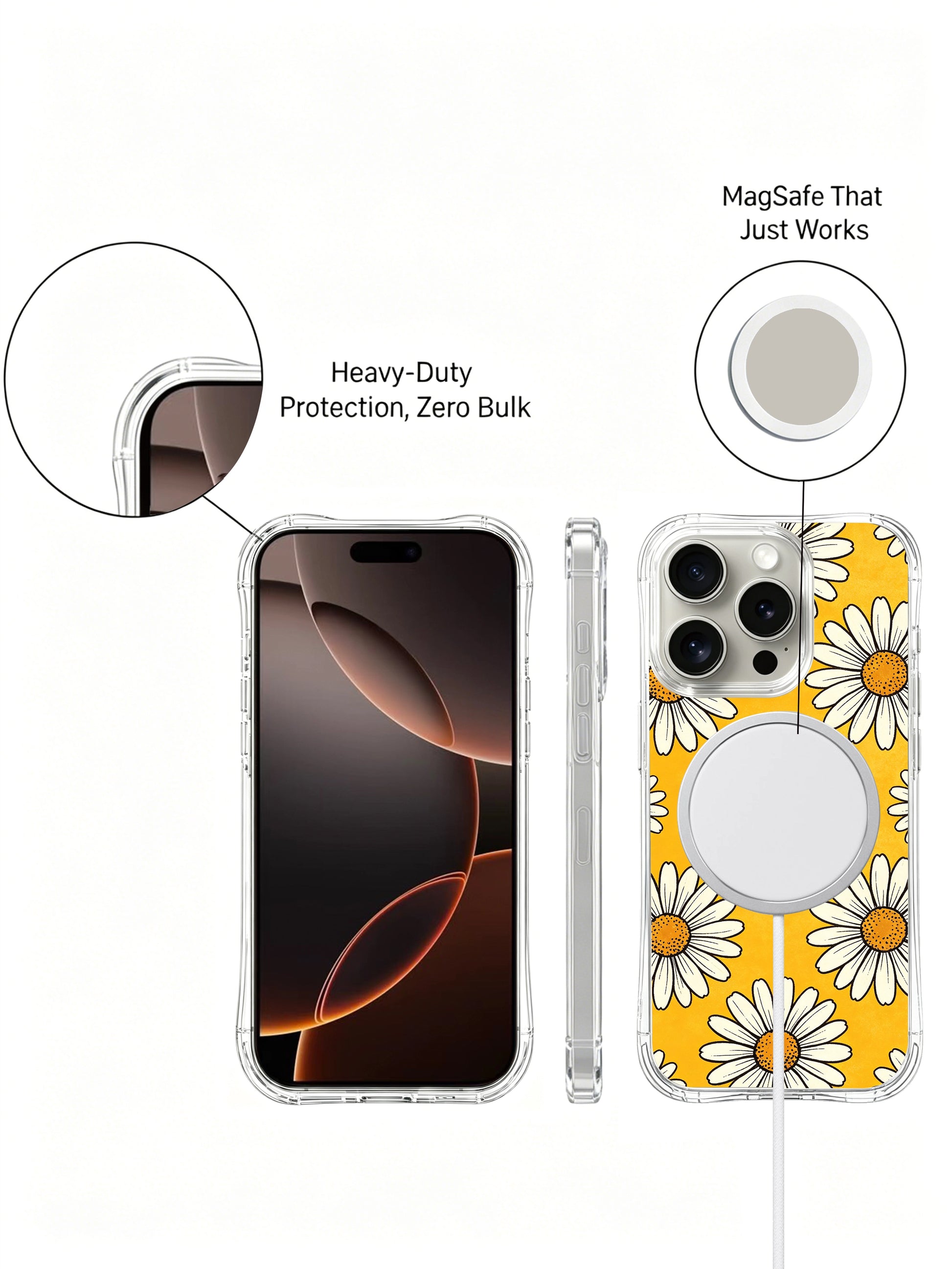 PhoneCasing iPhone 16 Pro Max Case showcasing Cheerful Summer Daisies pattern, large flowers that capture the carefree joy of warm sunny days.