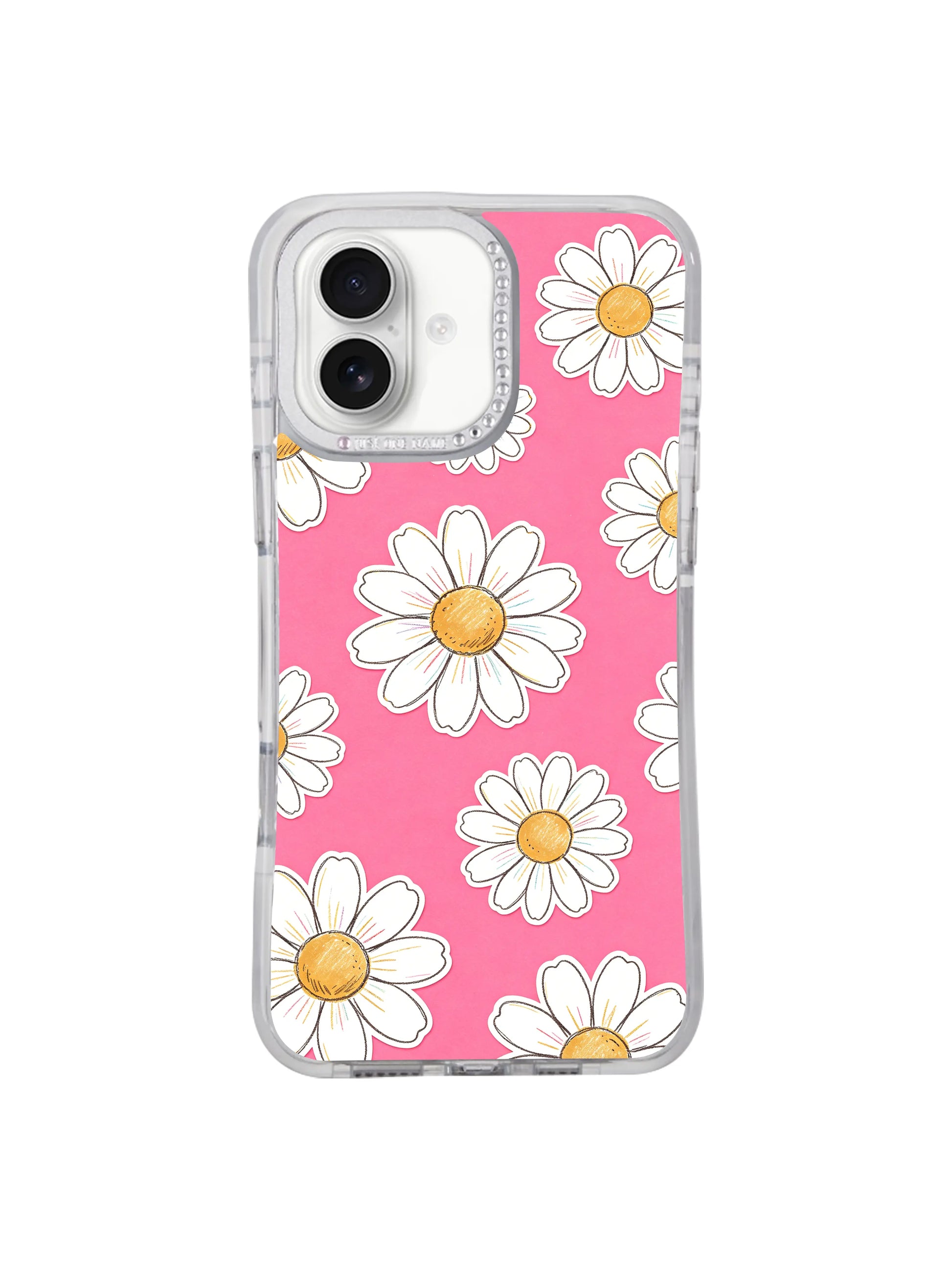 PhoneCasing cheerful summer wearable art iPhone 17 casing featuring Solea Meadow’s Pink Joy Daisy Field design, freely arranged hand-sketched white daisies on vibrant pink base, premium artistic accessory made for the full 2026 iPhone 17 series.