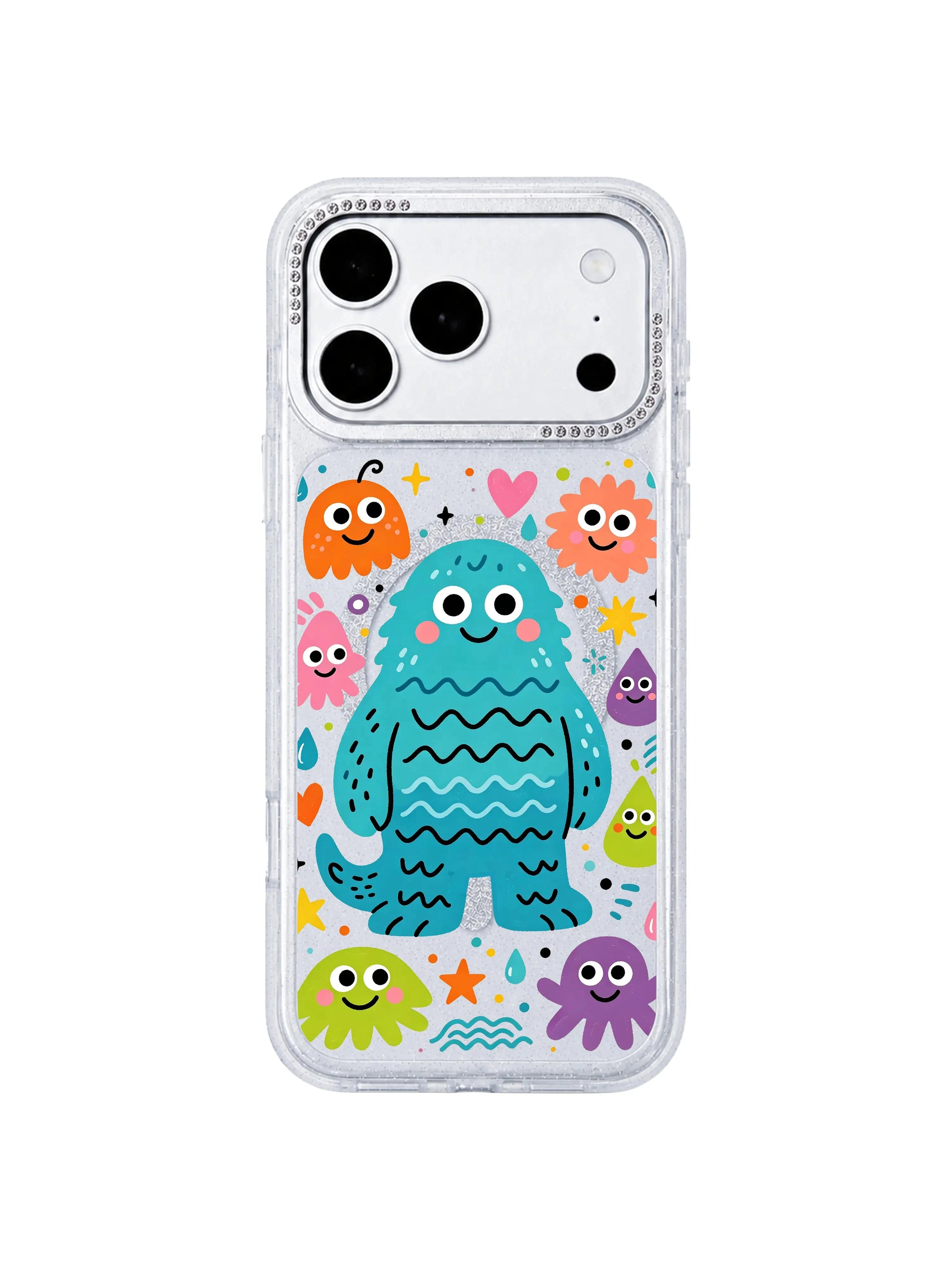 PhoneCasing minimalist pure white isolated mockup of Cheerful Wavy Sea Monster iPhone 17 Pro Max case, glitter clear iPhone 17 Pro Max casing optimized for social media ads and email marketing creative assets