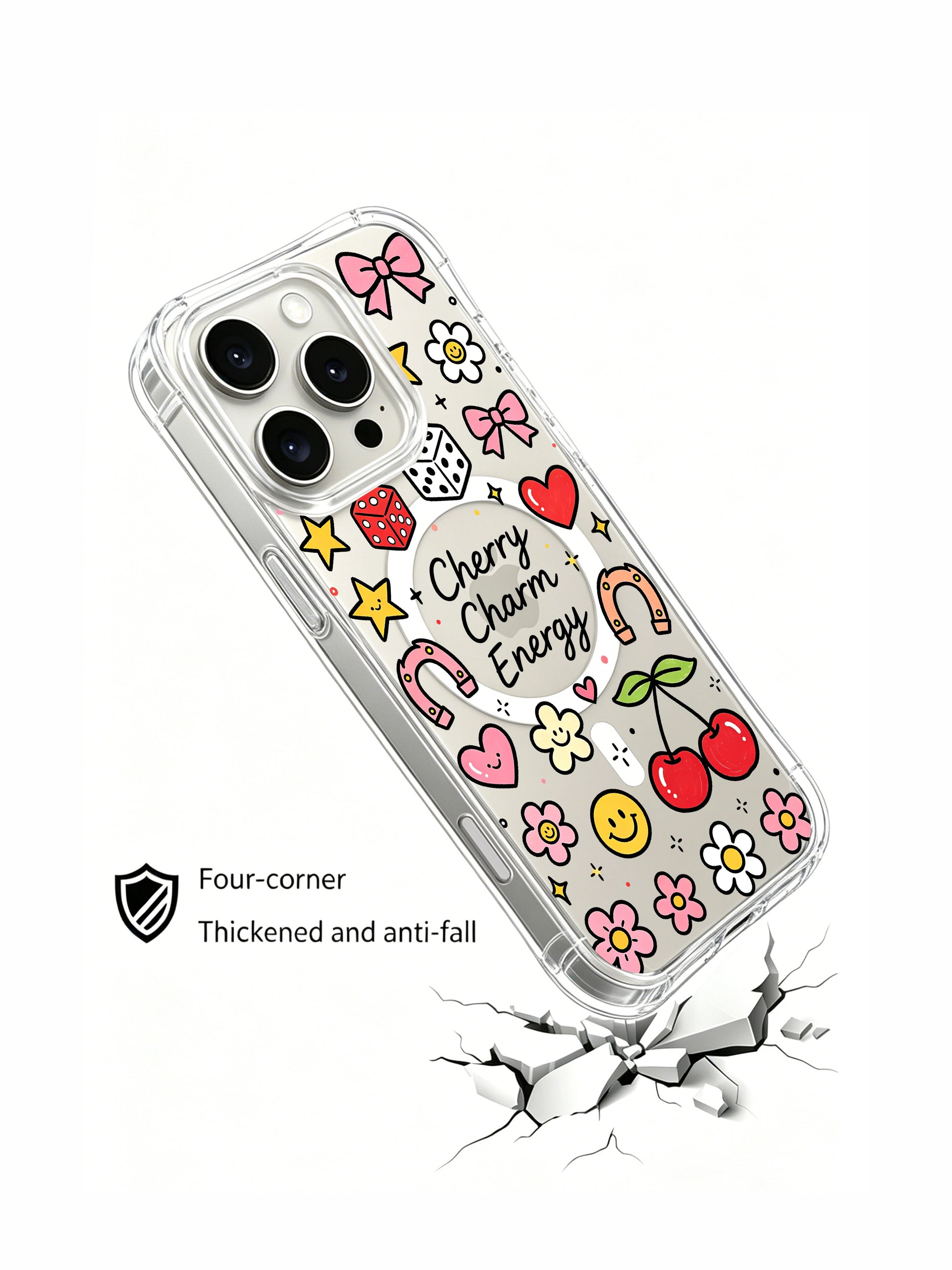 PhoneCasing iPhone 16 pro max scratch-proof case highlighting the antimicrobial gloss finish with the "Cherry Charm Energy" print.